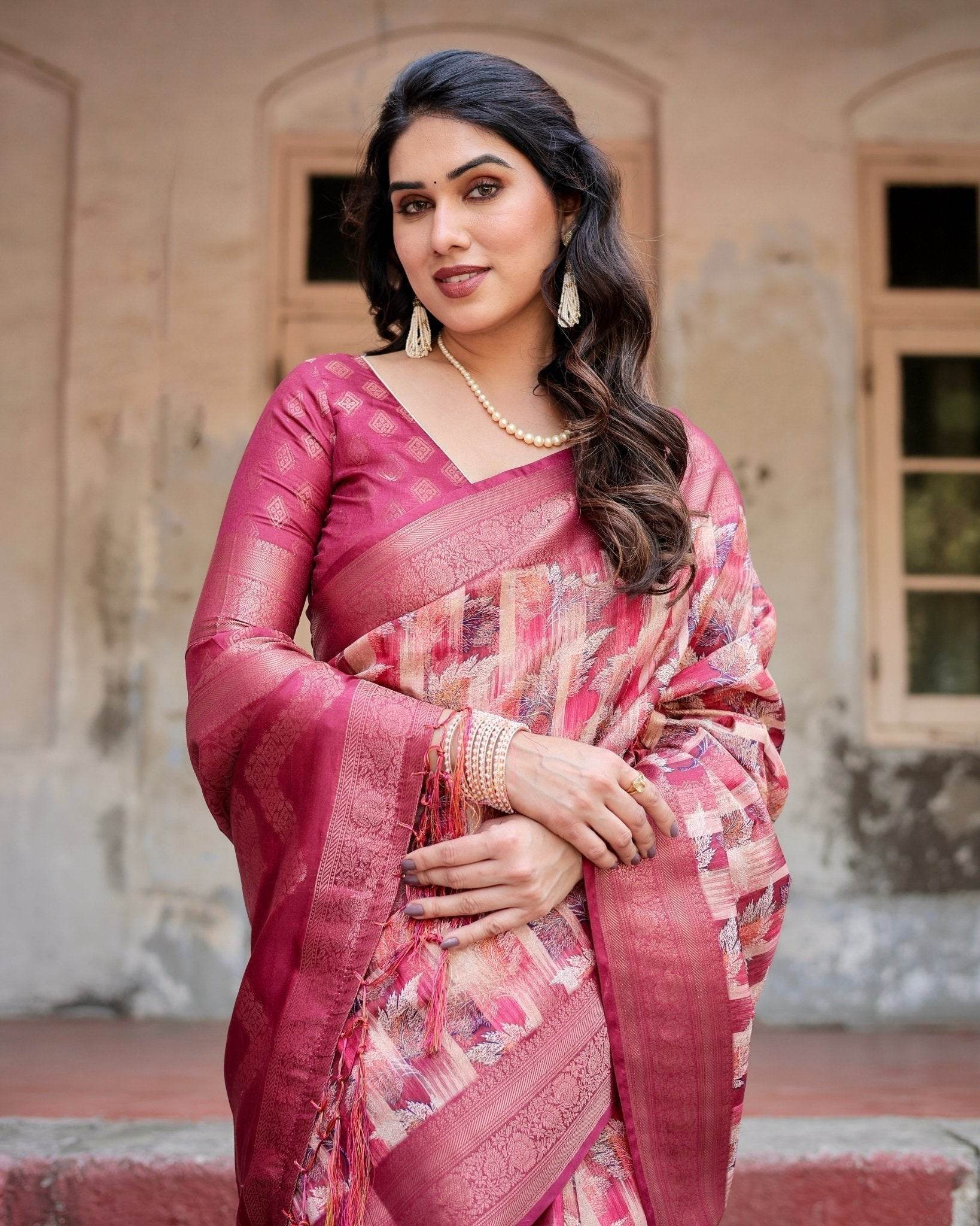 Pink and Maroon Abstract Digital Print Banarasi Silk Saree with Zari Weave and Tassel-Embellished Pallu - SEEANS