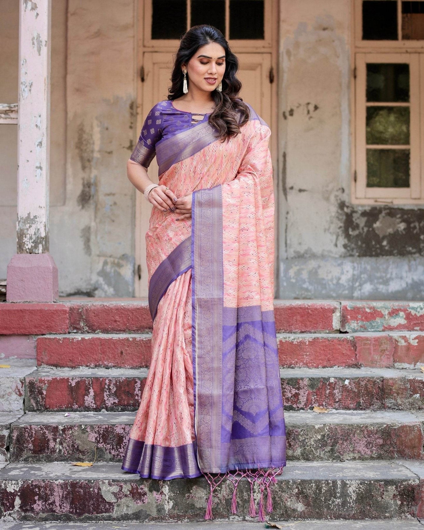 Peach and Purple Floral Digital Print Banarasi Silk Saree with Zari Weave and Tassel-Adorned Pallu - SEEANS