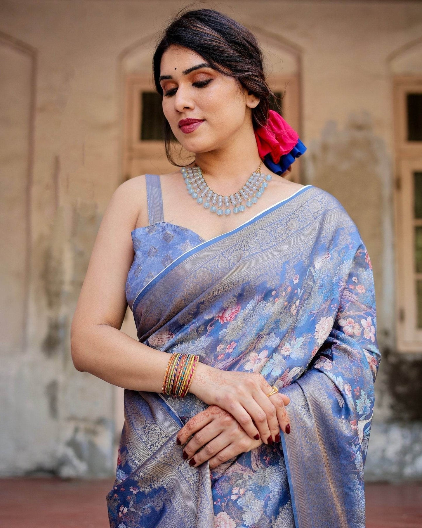 Majestic Blue Banarasi Silk Saree with Delicate Floral Zari Work and Tassel-Embellished Pallu - SEEANS