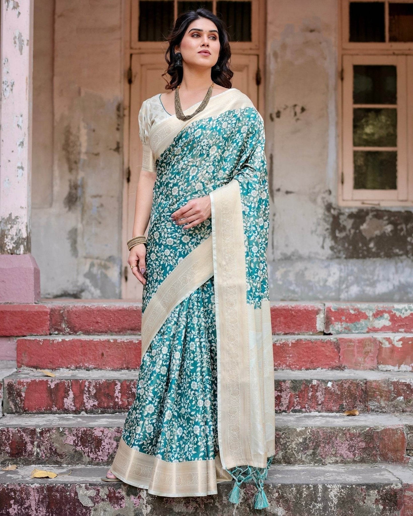 Teal and Cream Floral Banarasi Silk Saree with Zari Weave and Tassel-Accented Pallu - SEEANS