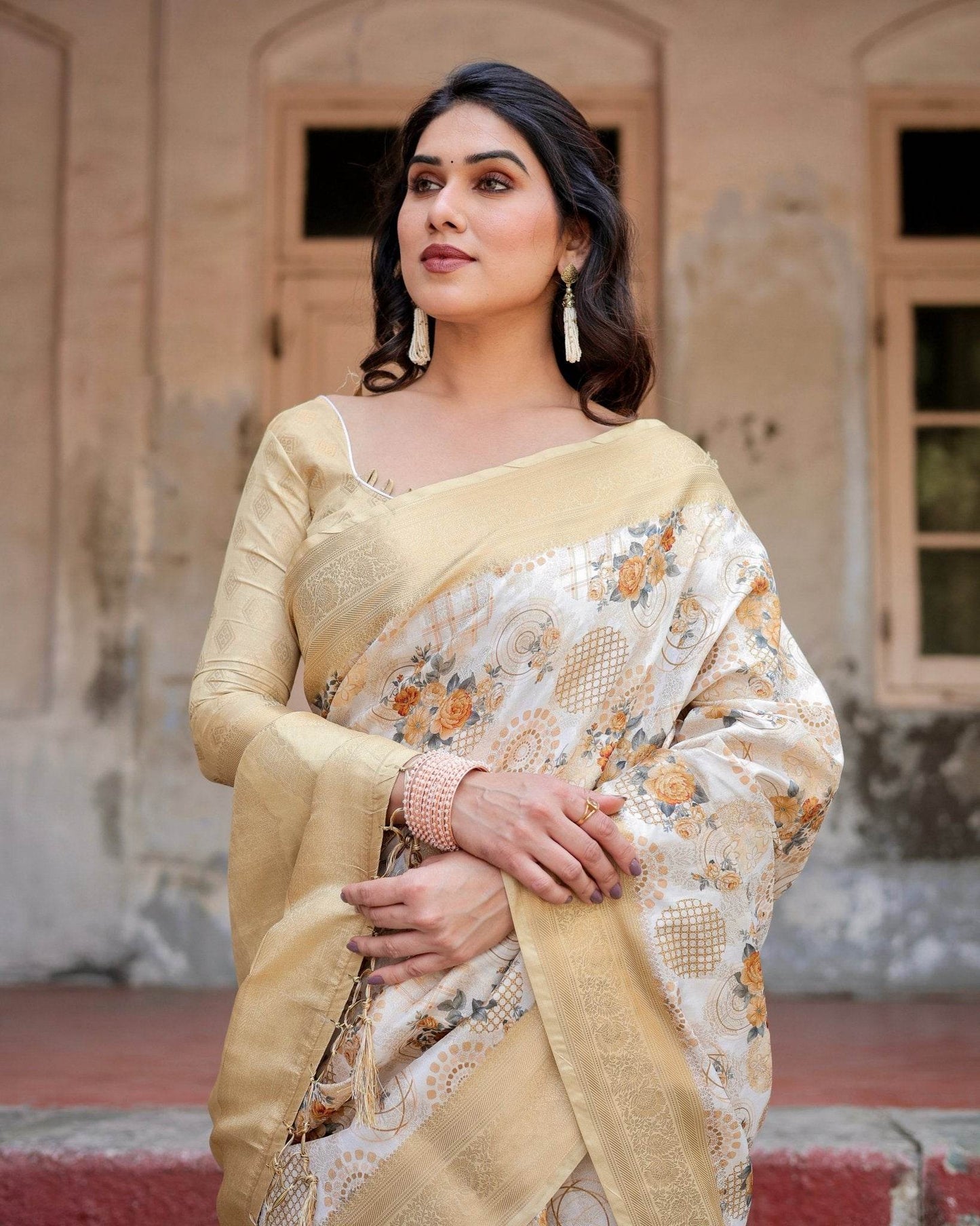 Ivory and Gold Banarasi Silk Saree with Floral Print, Zari Border, and Tassels - SEEANS