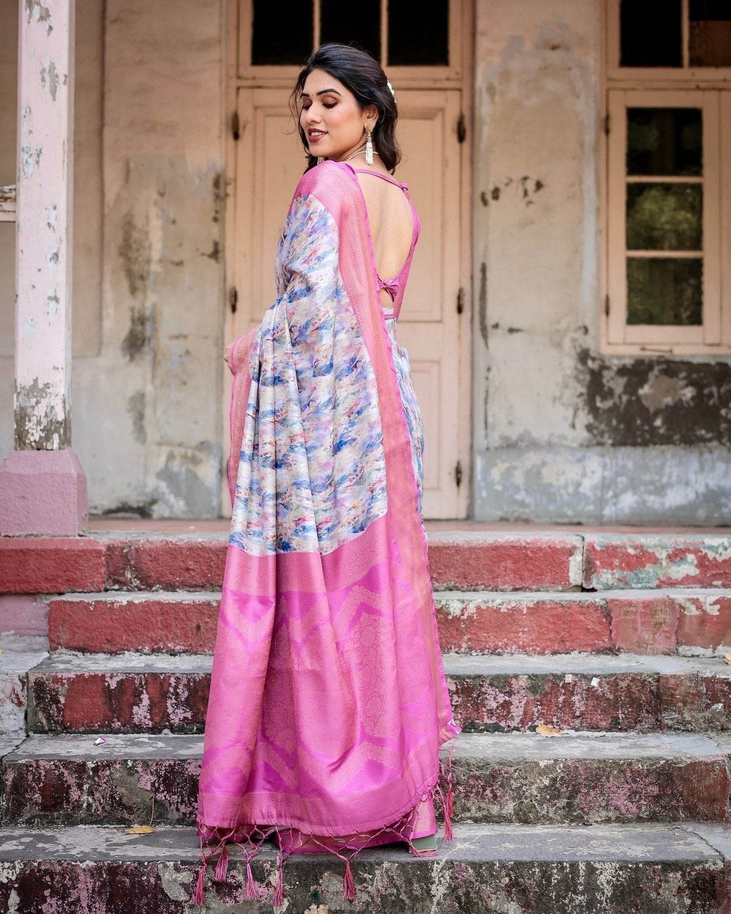 White and Pink Floral Digital Print Banarasi Silk Saree with Zari Weave and Tassel-Embellished Pallu - SEEANS