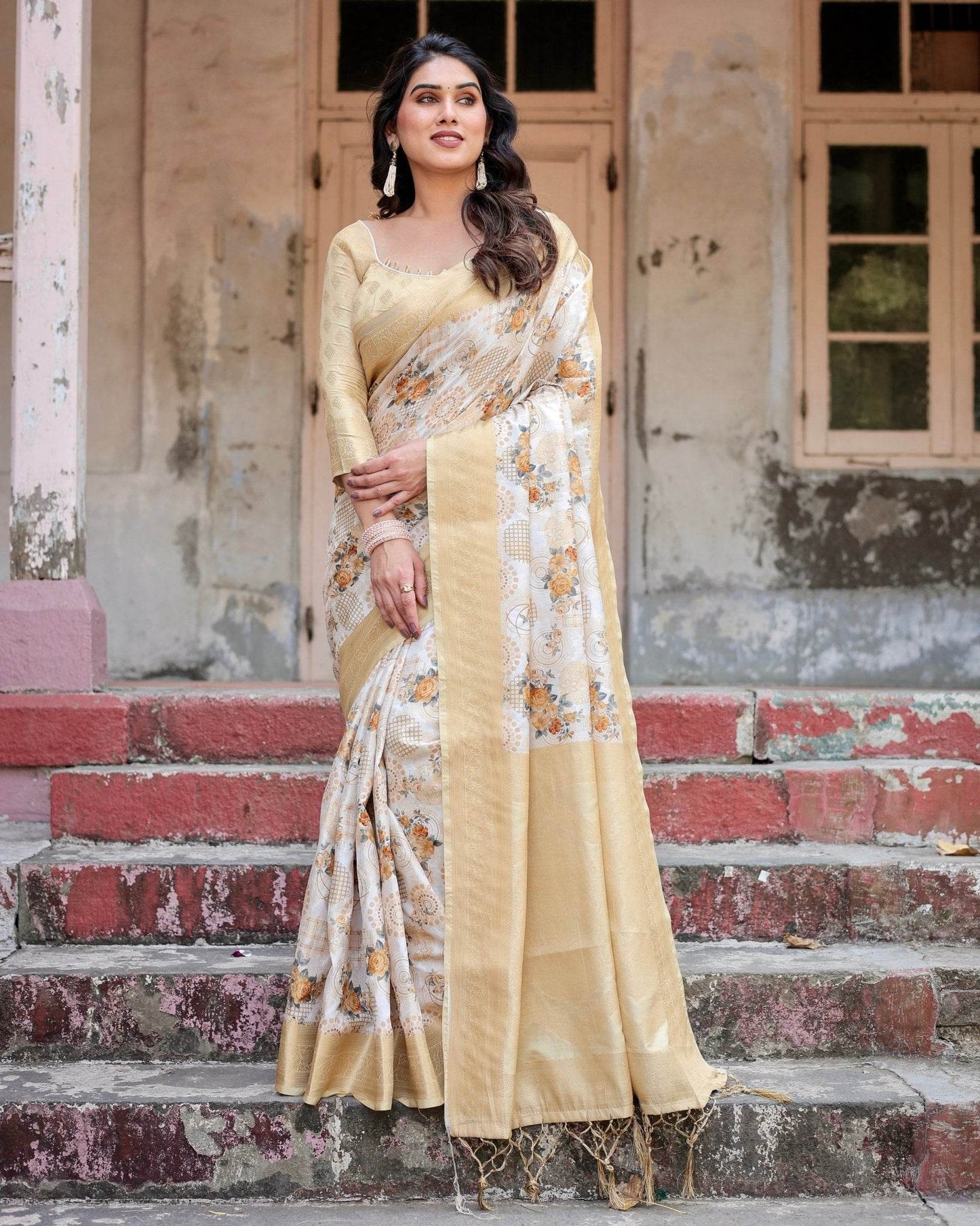 Ivory and Gold Banarasi Silk Saree with Floral Print, Zari Border, and Tassels - SEEANS