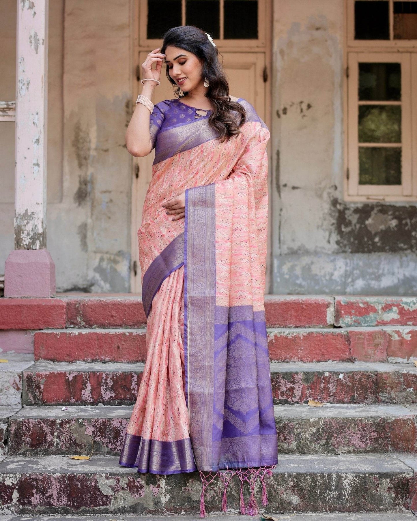 Peach and Purple Floral Digital Print Banarasi Silk Saree with Zari Weave and Tassel-Adorned Pallu - SEEANS