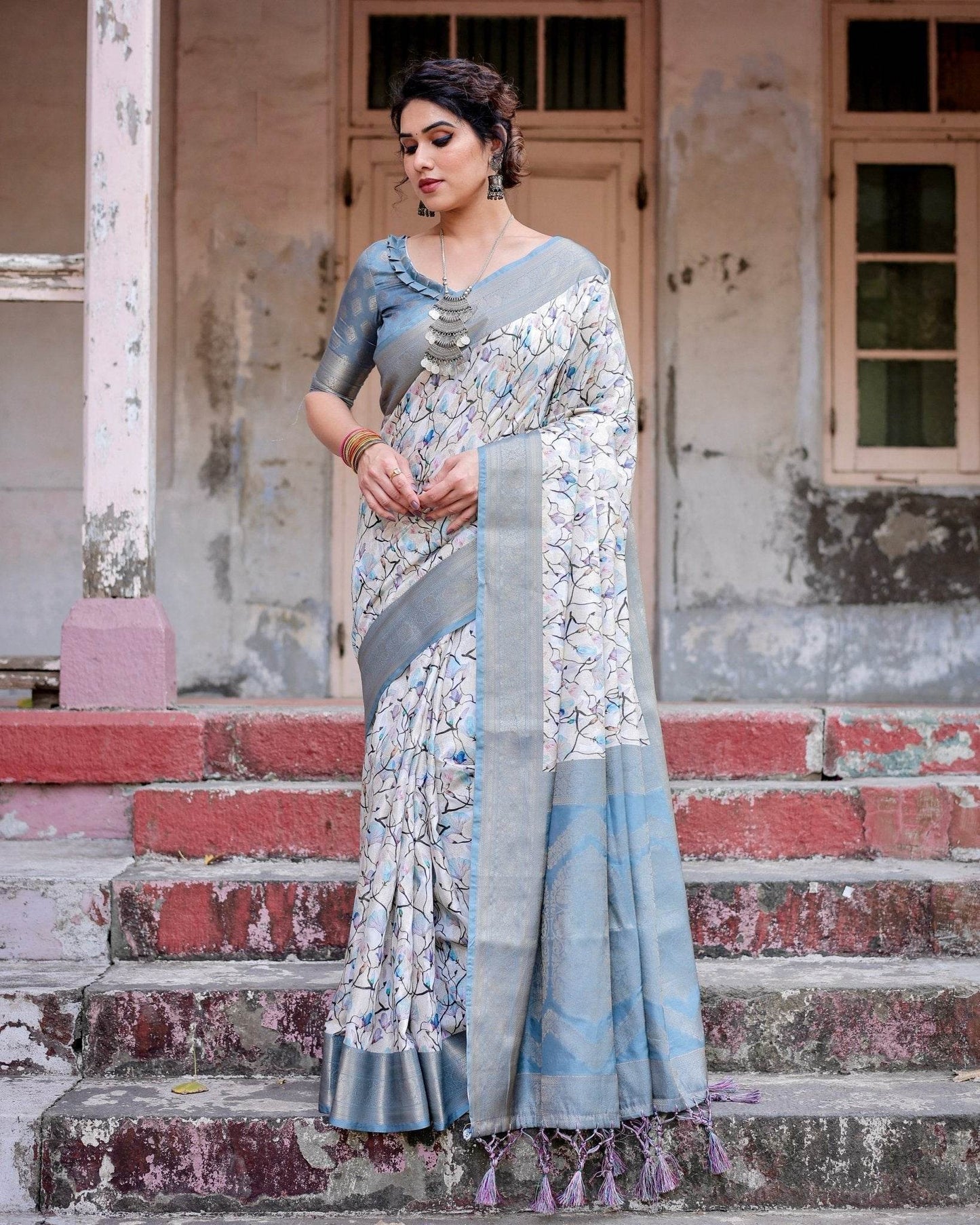 Elegant Light Blue Banarasi Silk Saree with Floral Design and Zari Weaved Pallu - SEEANS