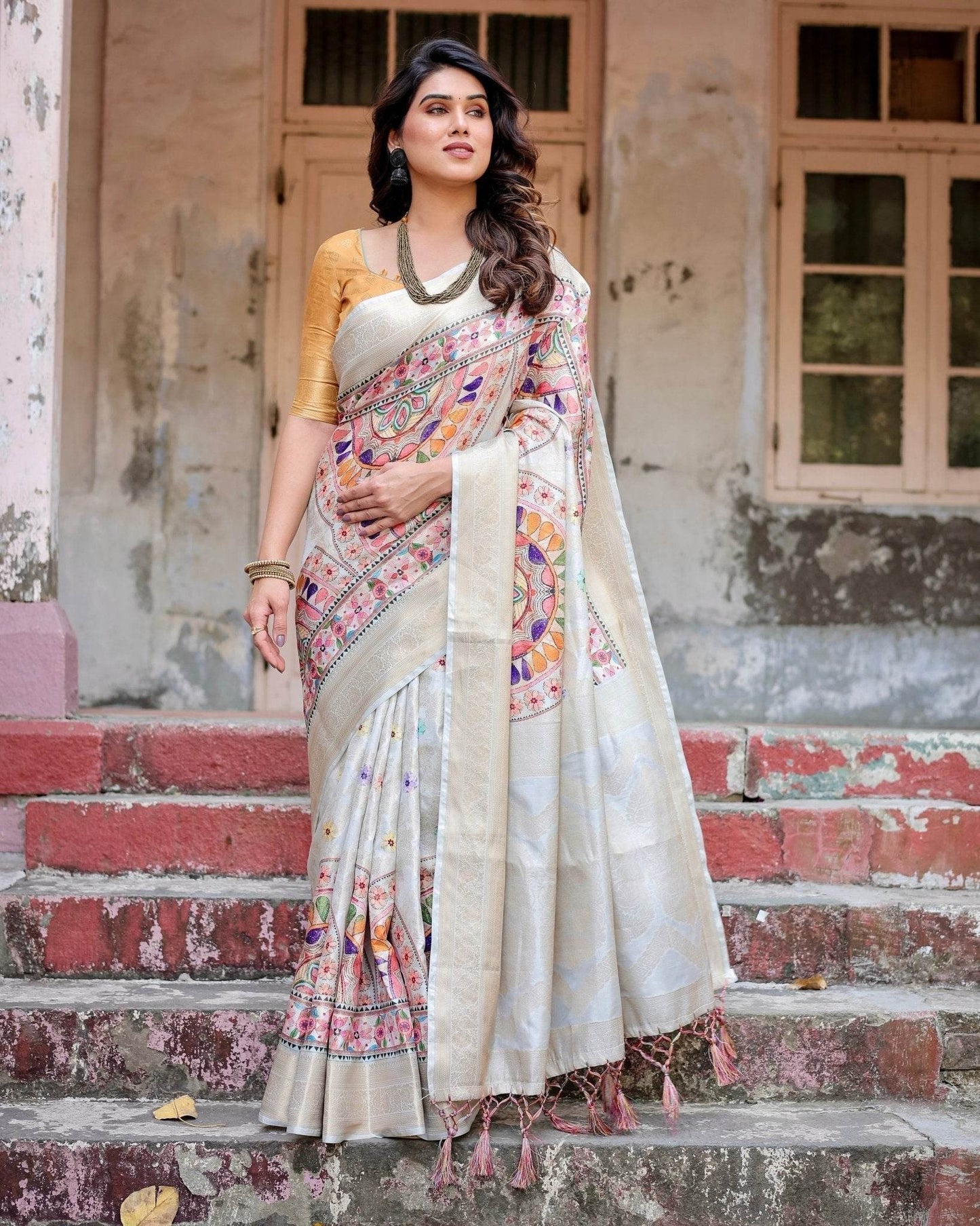 Off-White and Multicolor Mandala Design Banarasi Silk Saree with Zari Weave and Tassel-Adorned Pallu - SEEANS