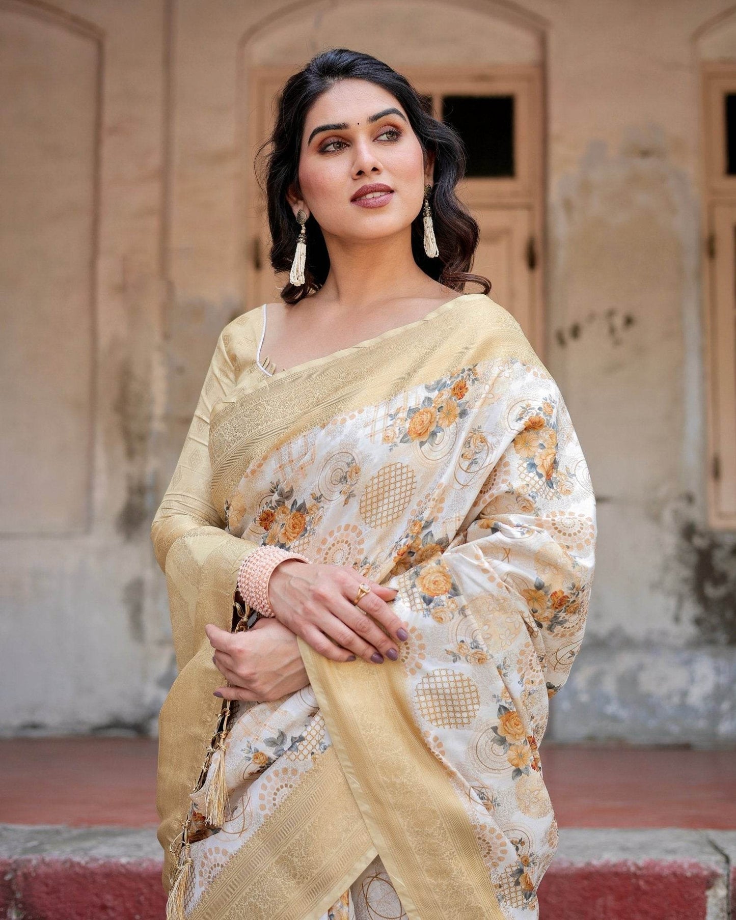 Ivory and Gold Banarasi Silk Saree with Floral Print, Zari Border, and Tassels - SEEANS