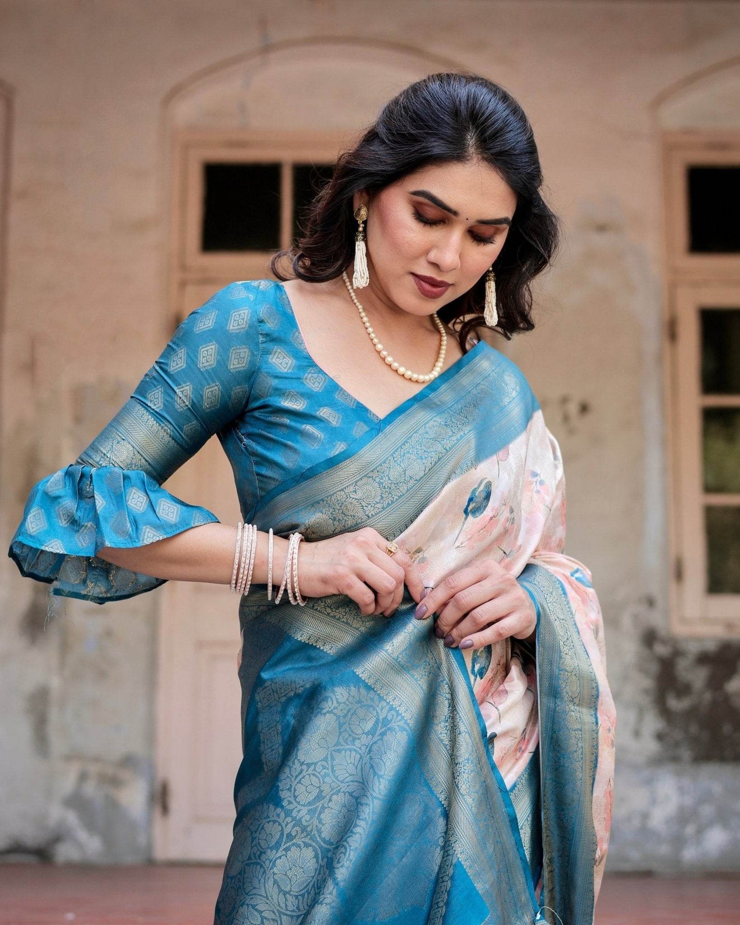 Peach and Teal Floral Digital Print Banarasi Silk Saree with Zari Weave and Tassel-Adorned Pallu - SEEANS