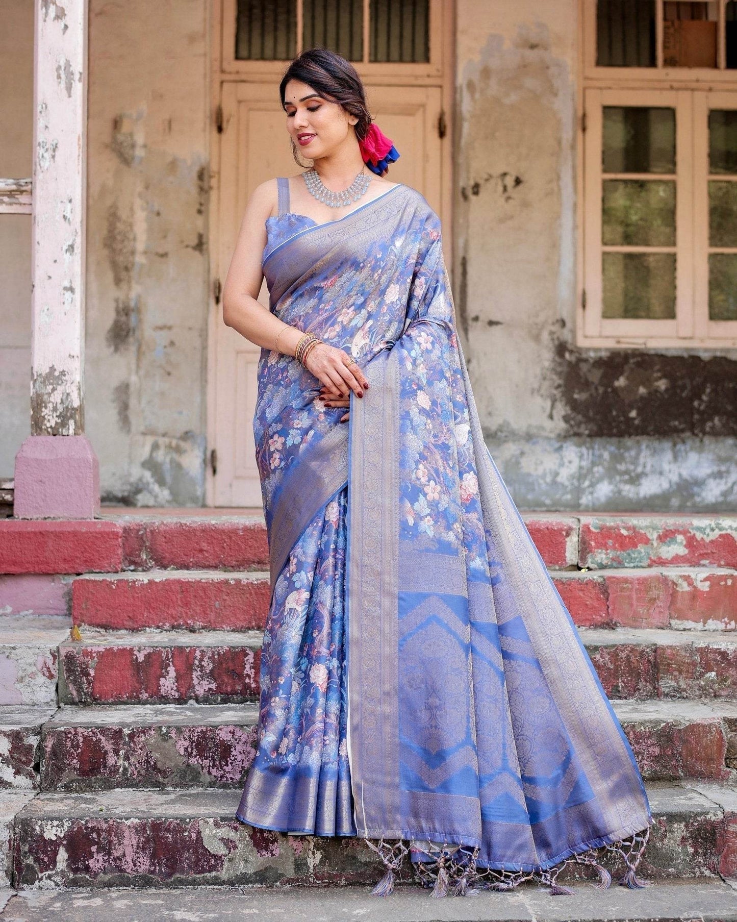 Majestic Blue Banarasi Silk Saree with Delicate Floral Zari Work and Tassel-Embellished Pallu - SEEANS