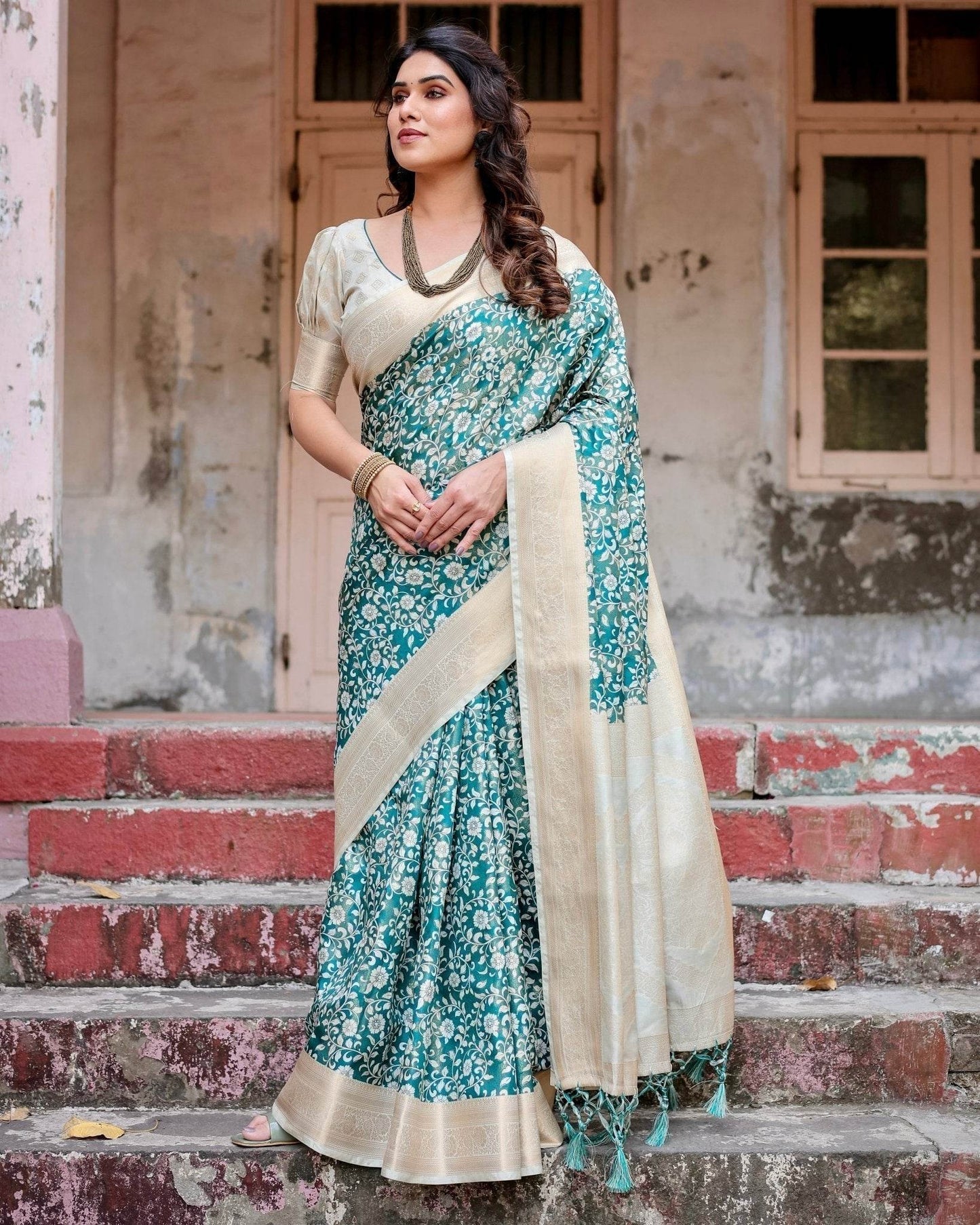 Teal and Cream Floral Banarasi Silk Saree with Zari Weave and Tassel-Accented Pallu - SEEANS