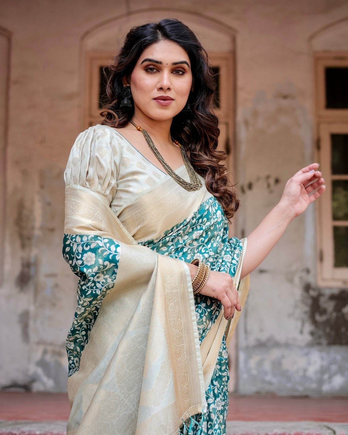 Teal and Cream Floral Banarasi Silk Saree with Zari Weave and Tassel-Accented Pallu - SEEANS