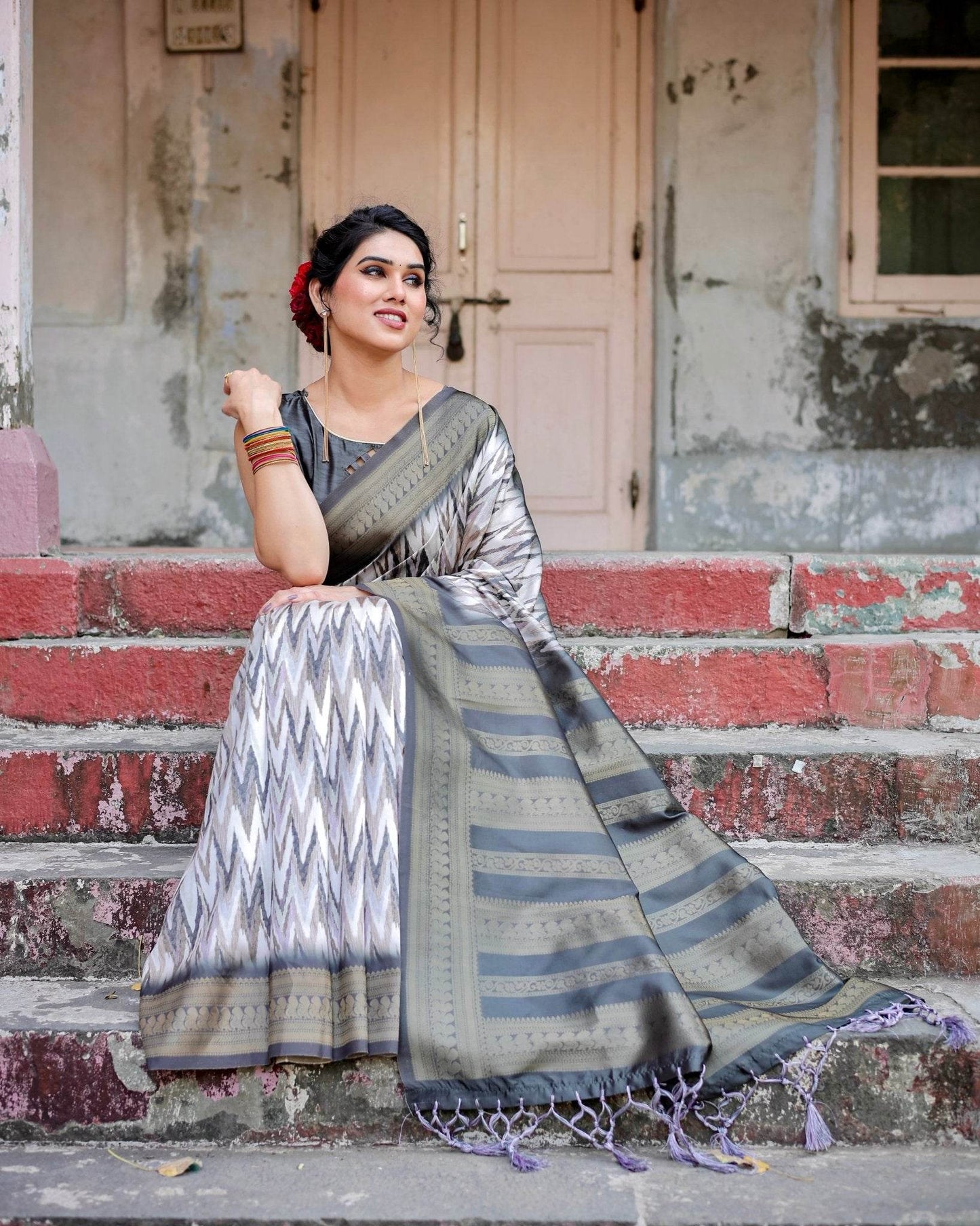 Elegant Banarasi Silk Saree with Zari Weaving and Tassels in Shades of Grey and Black - SEEANS