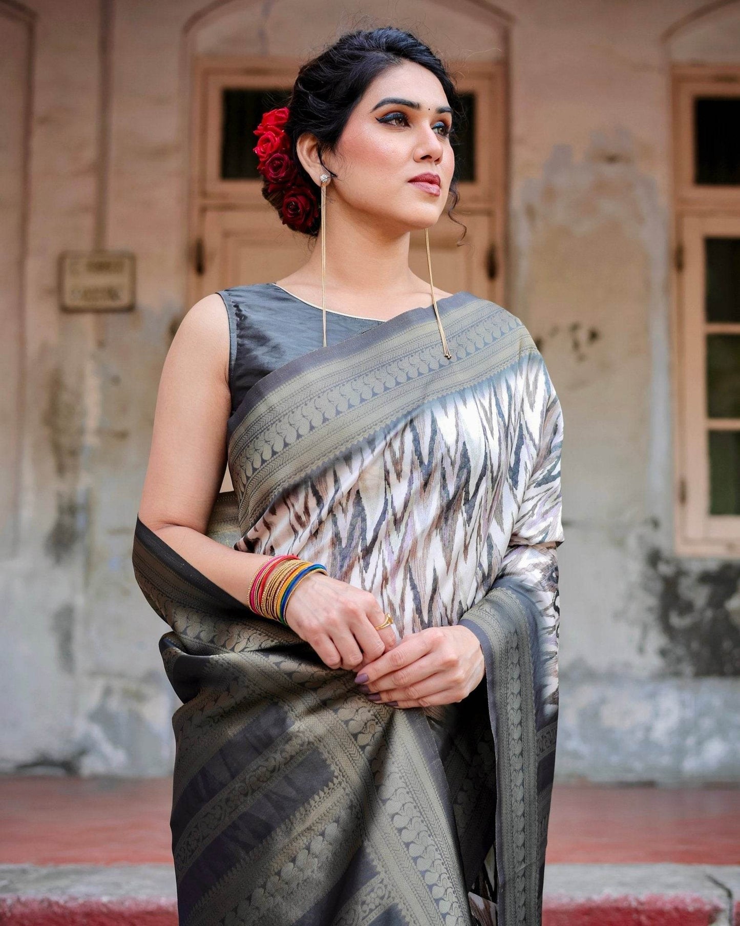 Elegant Banarasi Silk Saree with Zari Weaving and Tassels in Shades of Grey and Black - SEEANS