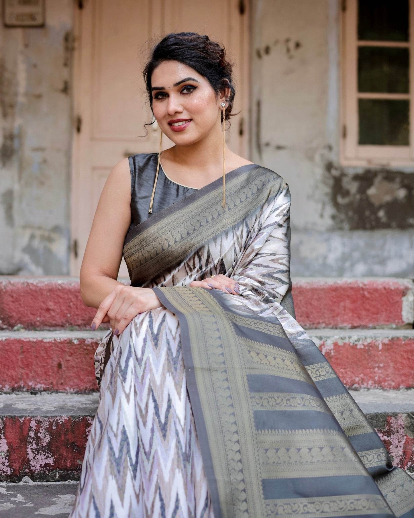 Elegant Banarasi Silk Saree with Zari Weaving and Tassels in Shades of Grey and Black - SEEANS