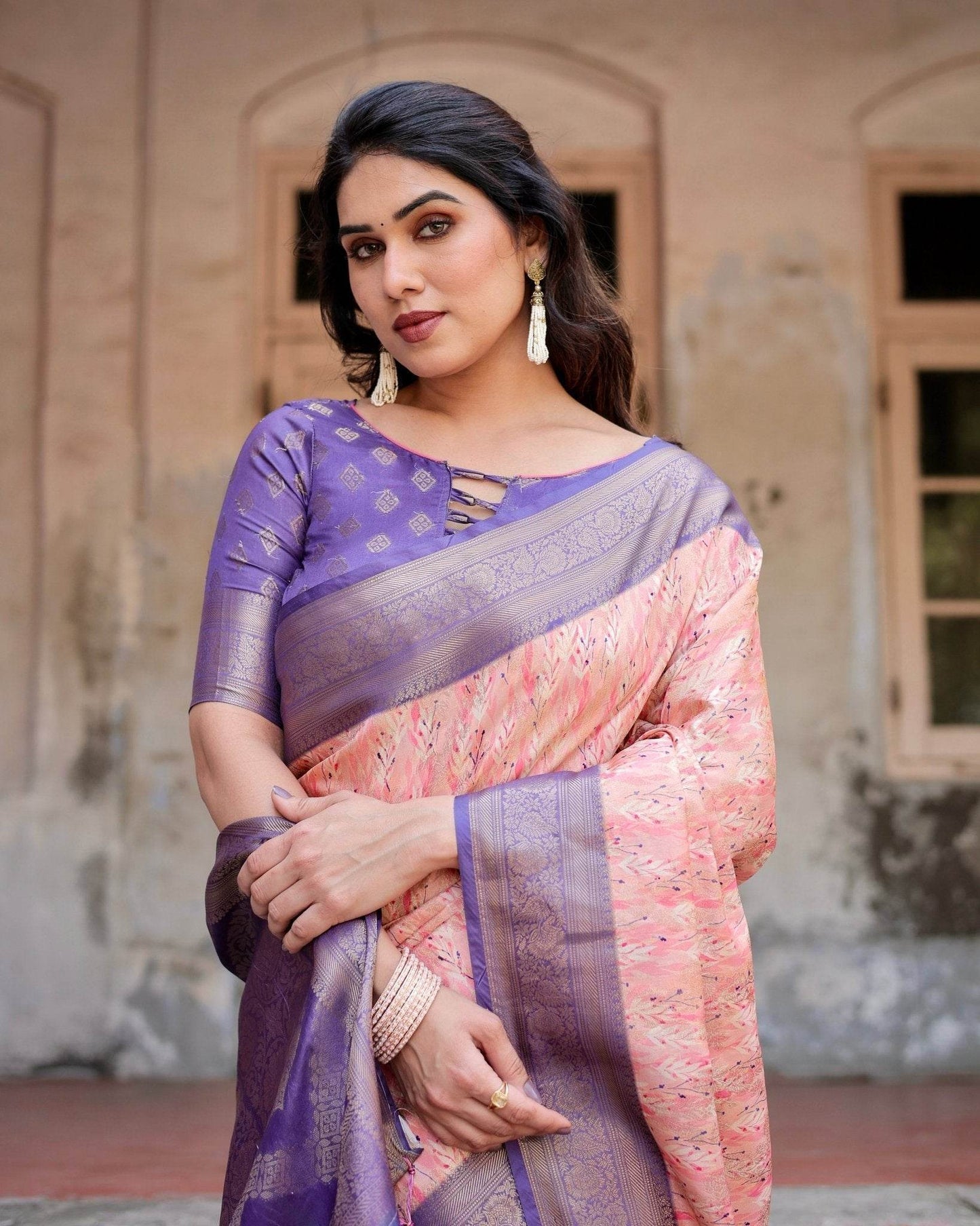 Peach and Purple Floral Digital Print Banarasi Silk Saree with Zari Weave and Tassel-Adorned Pallu - SEEANS
