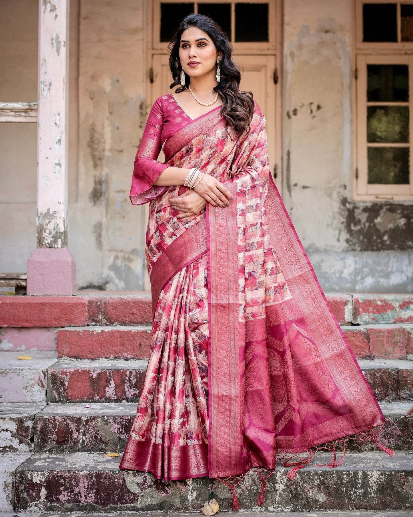 Pink and Maroon Abstract Digital Print Banarasi Silk Saree with Zari Weave and Tassel-Embellished Pallu - SEEANS