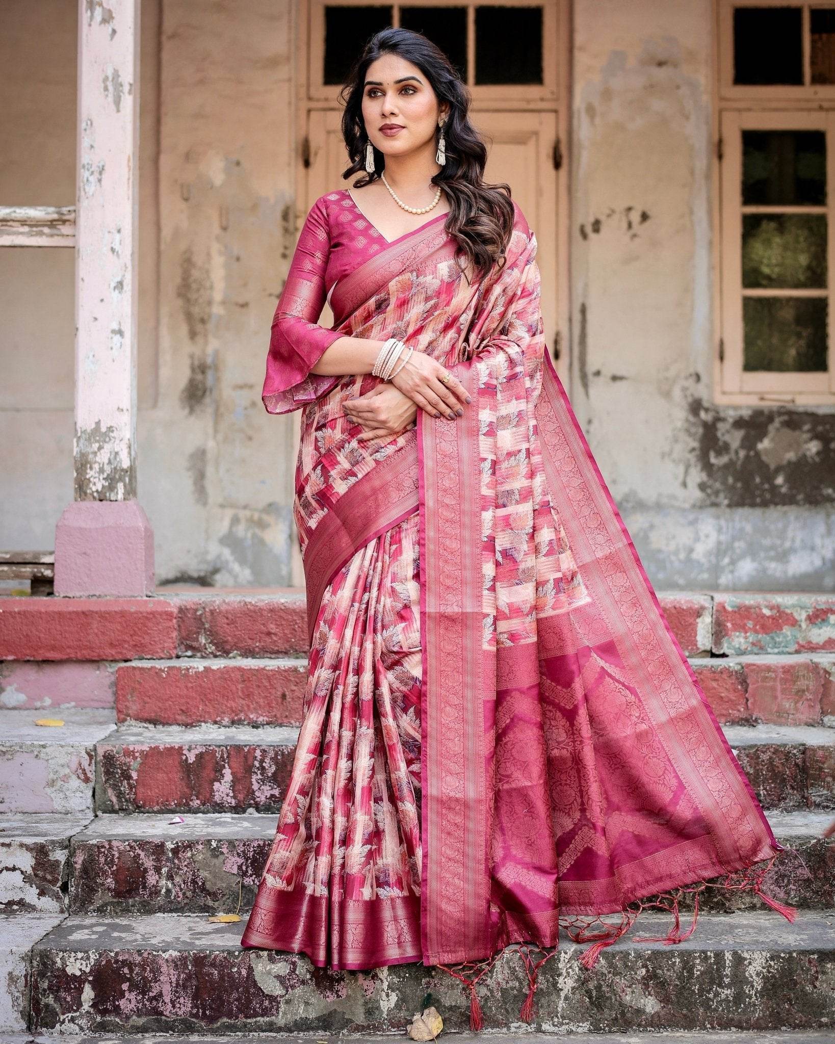 Pink and Maroon Abstract Digital Print Banarasi Silk Saree with Zari Weave and Tassel-Embellished Pallu - SEEANS