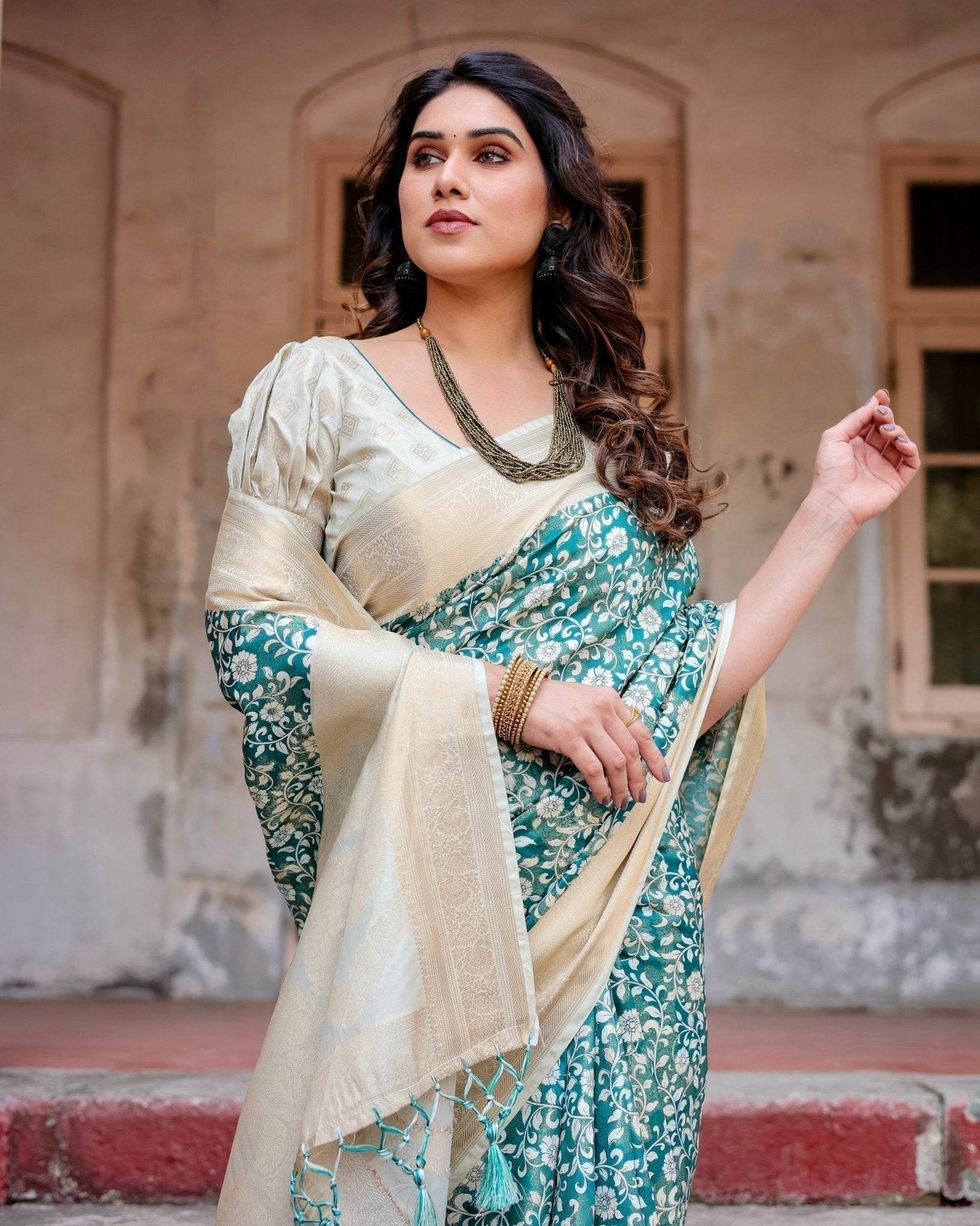 Teal and Cream Floral Banarasi Silk Saree with Zari Weave and Tassel-Accented Pallu - SEEANS