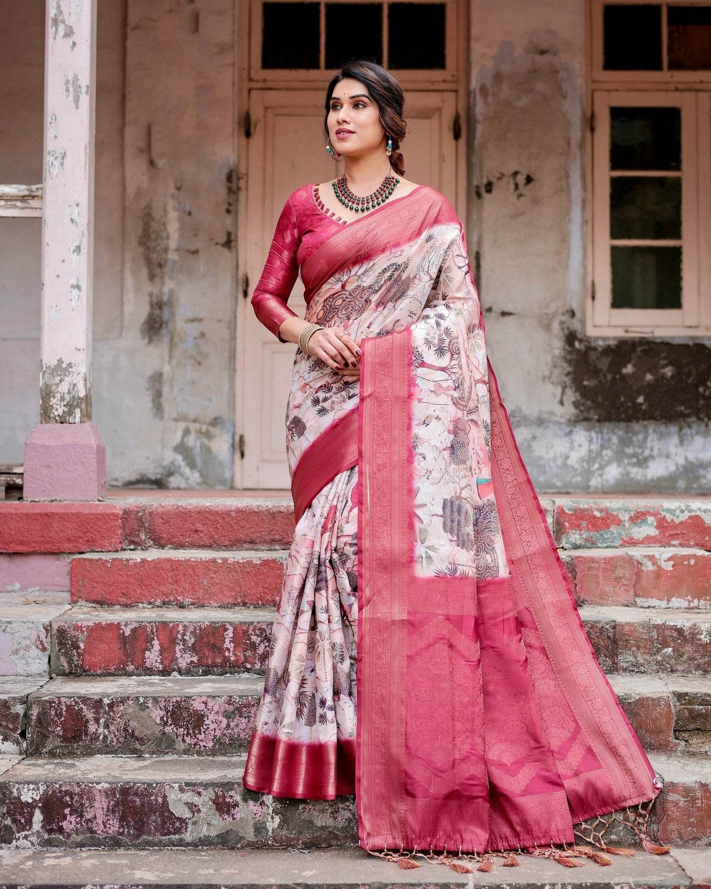 Graceful Fuchsia Pink Banarasi Silk Saree with Digital Forest Scenery Print & Zari Weave - SEEANS