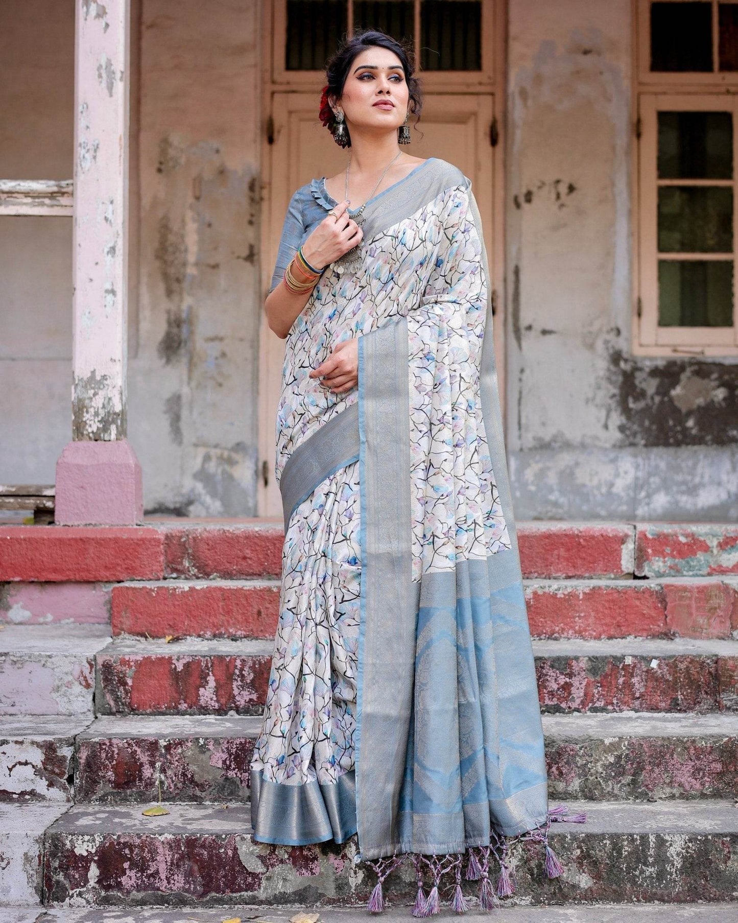 Elegant Light Blue Banarasi Silk Saree with Floral Design and Zari Weaved Pallu - SEEANS