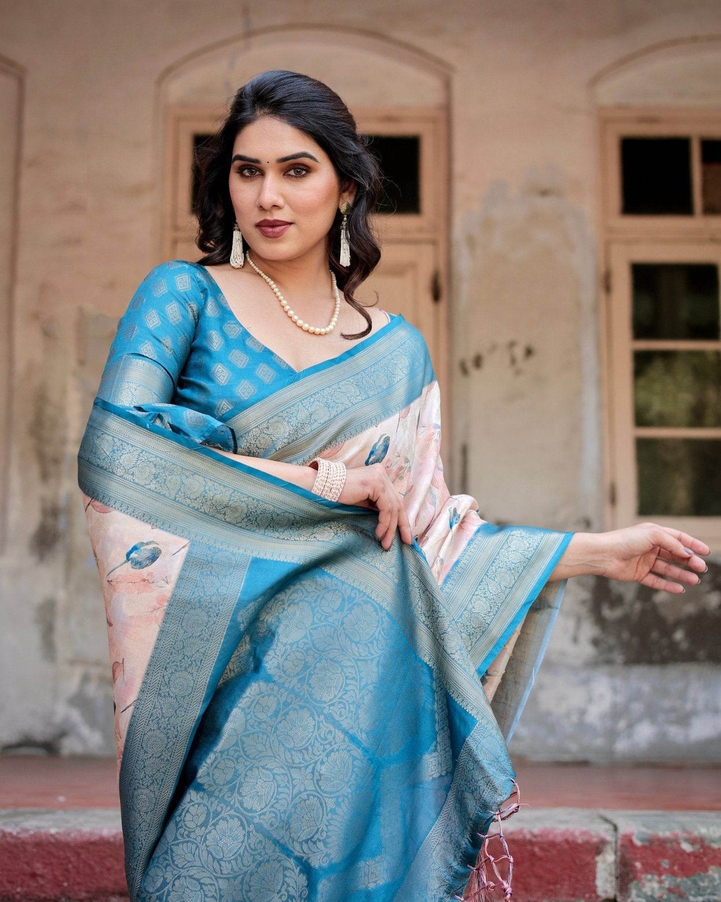 Peach and Teal Floral Digital Print Banarasi Silk Saree with Zari Weave and Tassel-Adorned Pallu - SEEANS