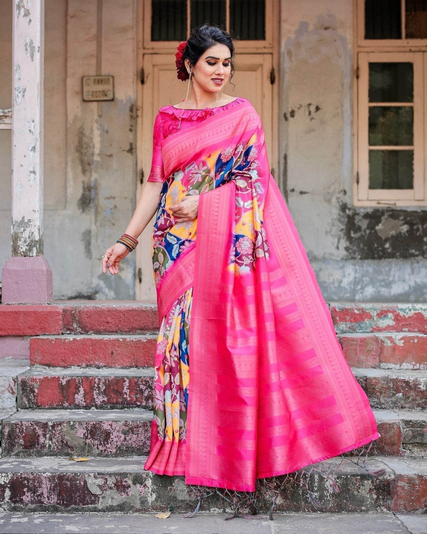 Hot Pink Multicolor Floral Digital Printed Banarasi Silk Saree with Zari Woven Border and Solid Pink Pallu - Includes Tassels - SEEANS