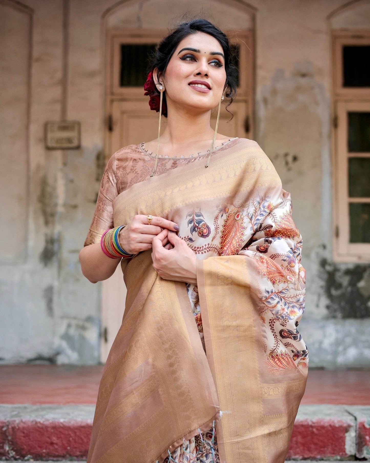 Elegant Beige Floral Banarasi Silk Saree with Zari Weave and Tassels - SEEANS