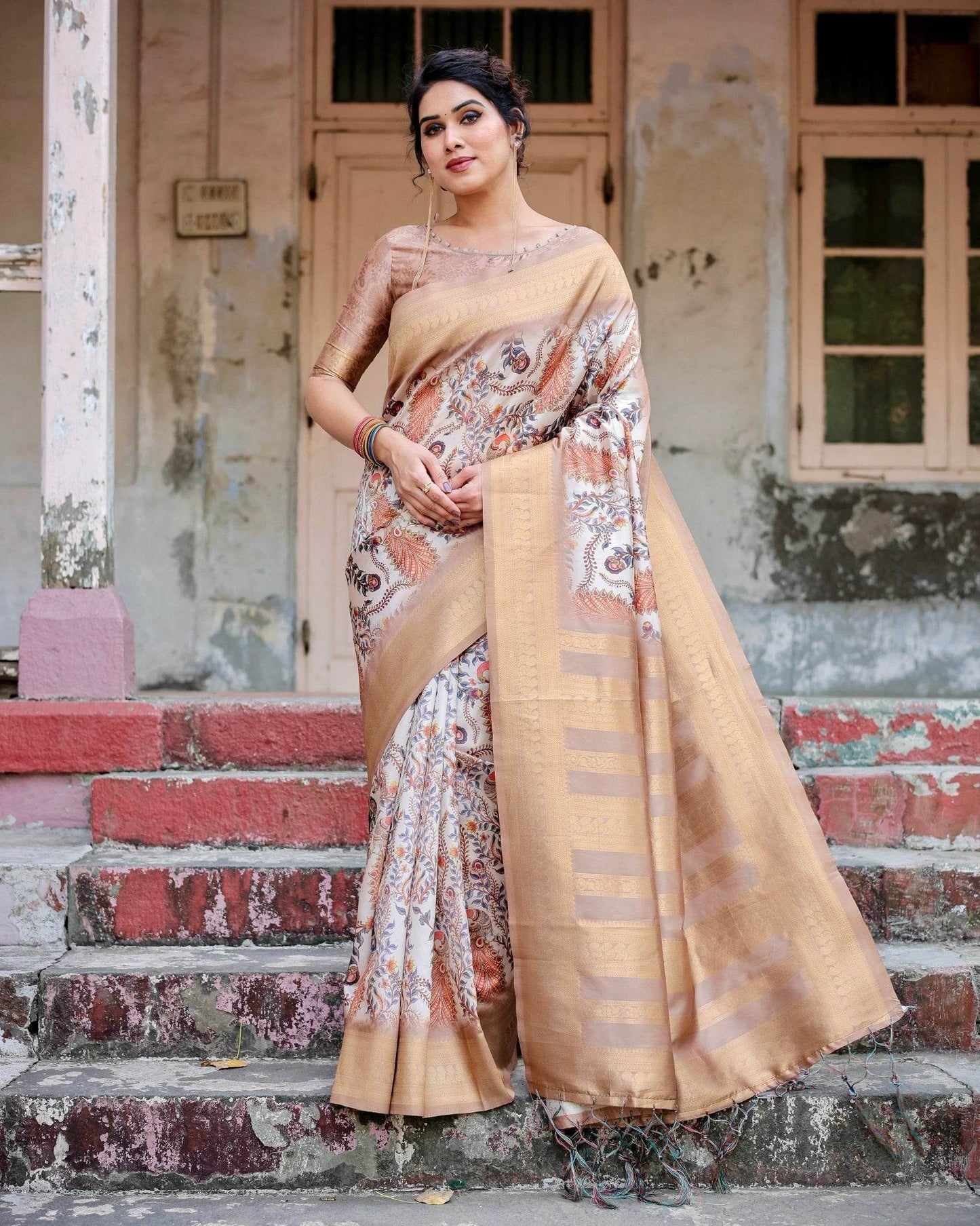 Elegant Beige Floral Banarasi Silk Saree with Zari Weave and Tassels - SEEANS