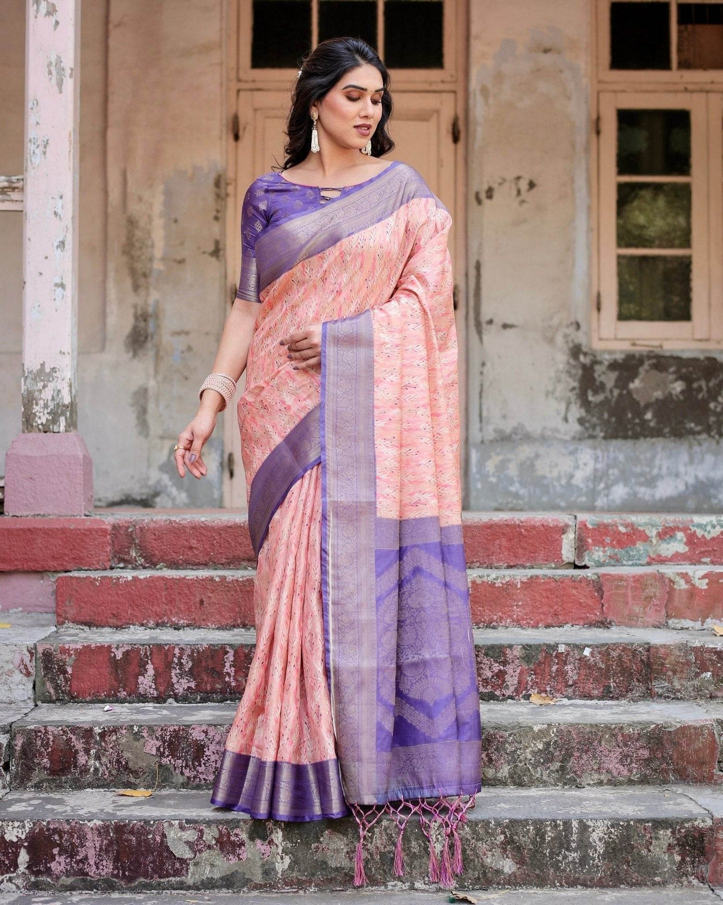 Peach and Purple Floral Digital Print Banarasi Silk Saree with Zari Weave and Tassel-Adorned Pallu - SEEANS