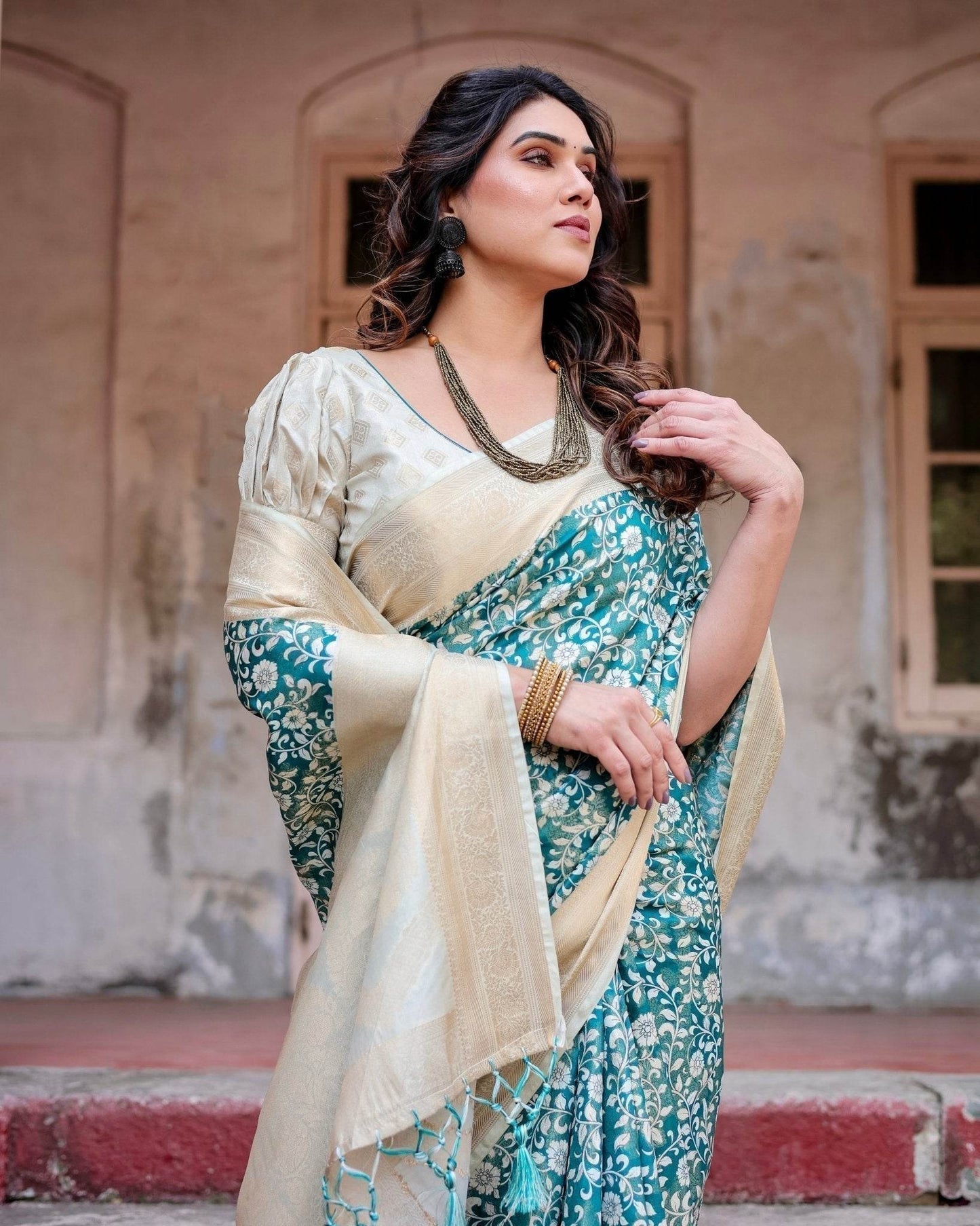 Teal and Cream Floral Banarasi Silk Saree with Zari Weave and Tassel-Accented Pallu - SEEANS