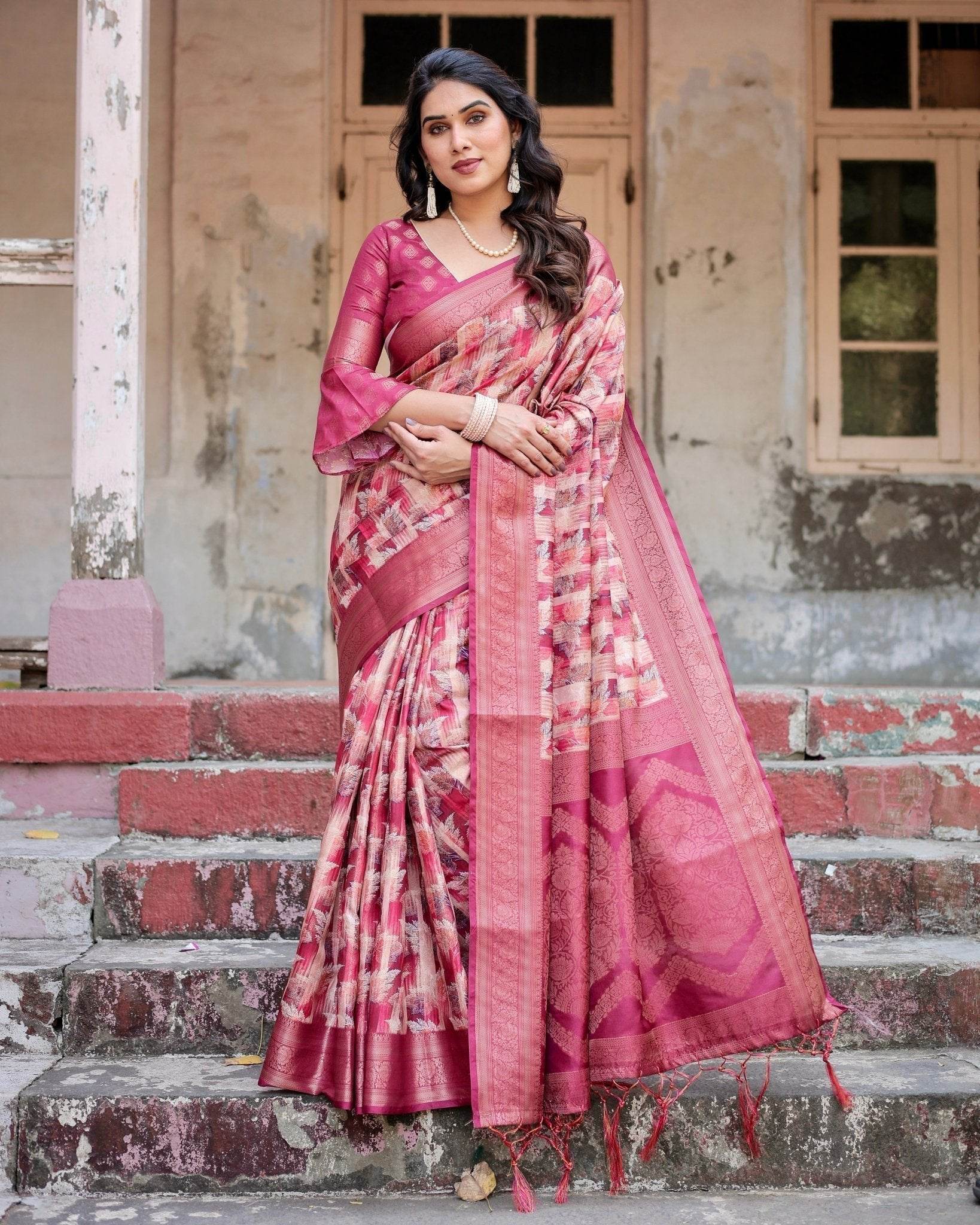 Pink and Maroon Abstract Digital Print Banarasi Silk Saree with Zari Weave and Tassel-Embellished Pallu - SEEANS