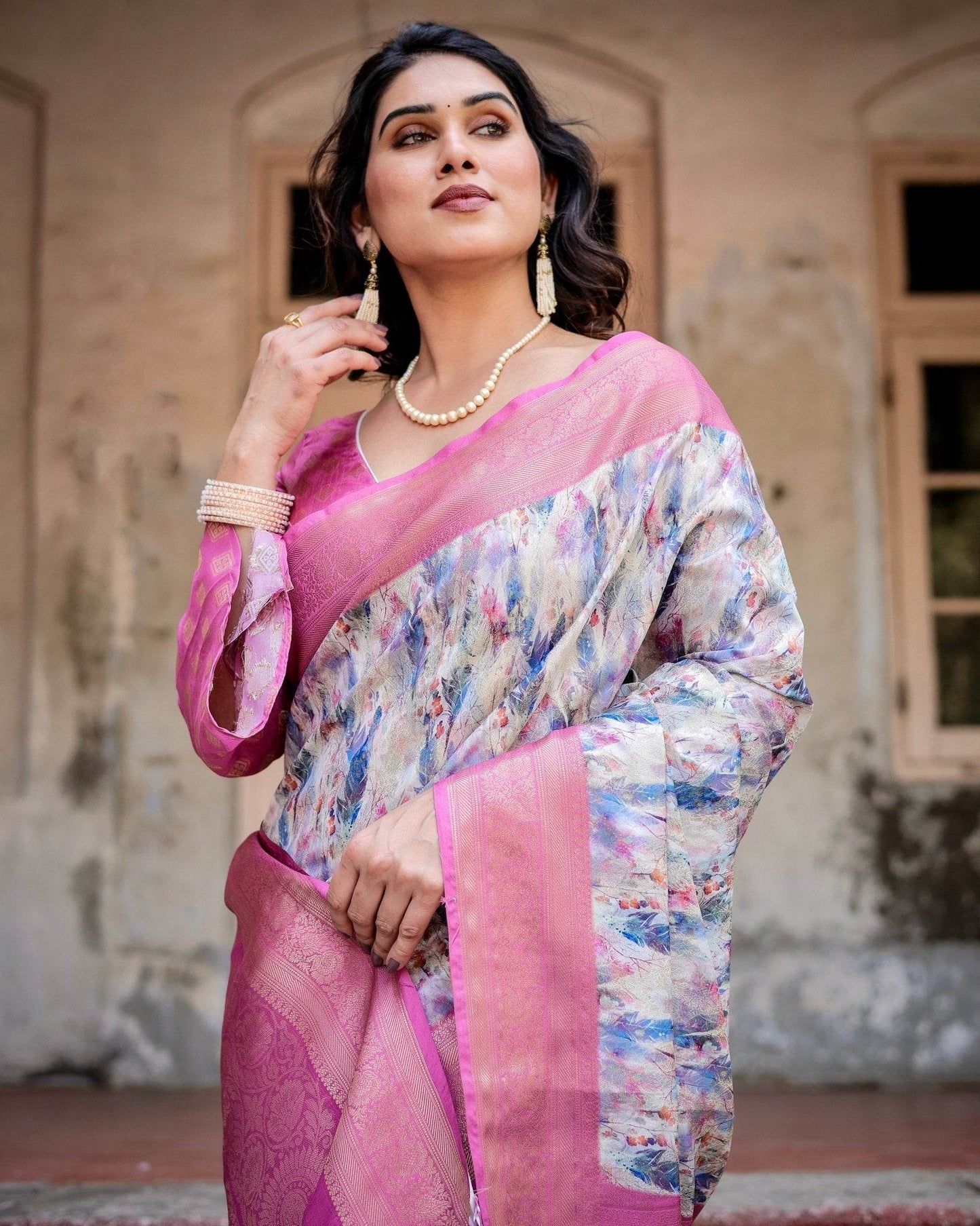 White and Pink Floral Digital Print Banarasi Silk Saree with Zari Weave and Tassel-Embellished Pallu - SEEANS