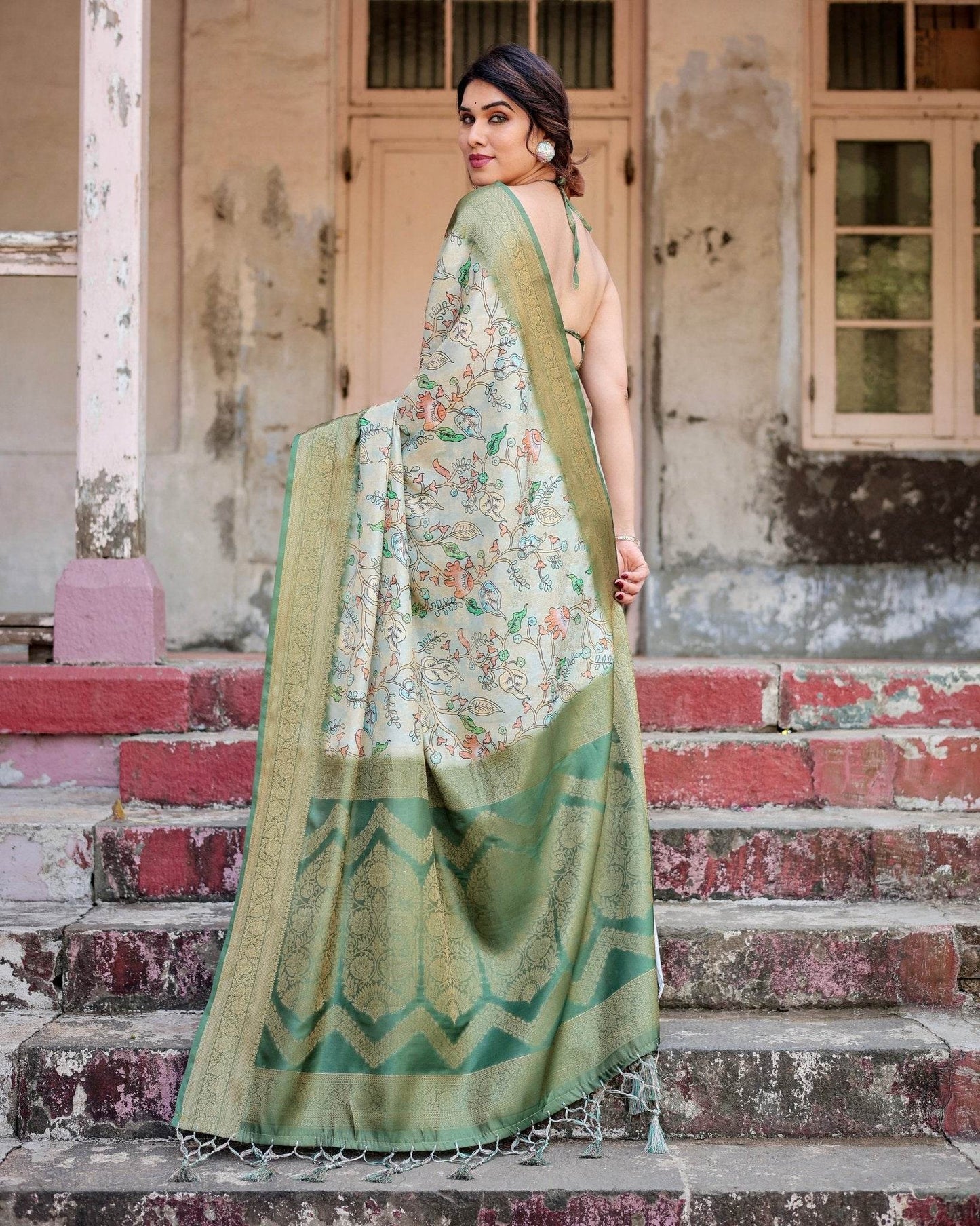 Timeless Green Banarasi Silk Saree with Zari Weaving and Tassels - SEEANS
