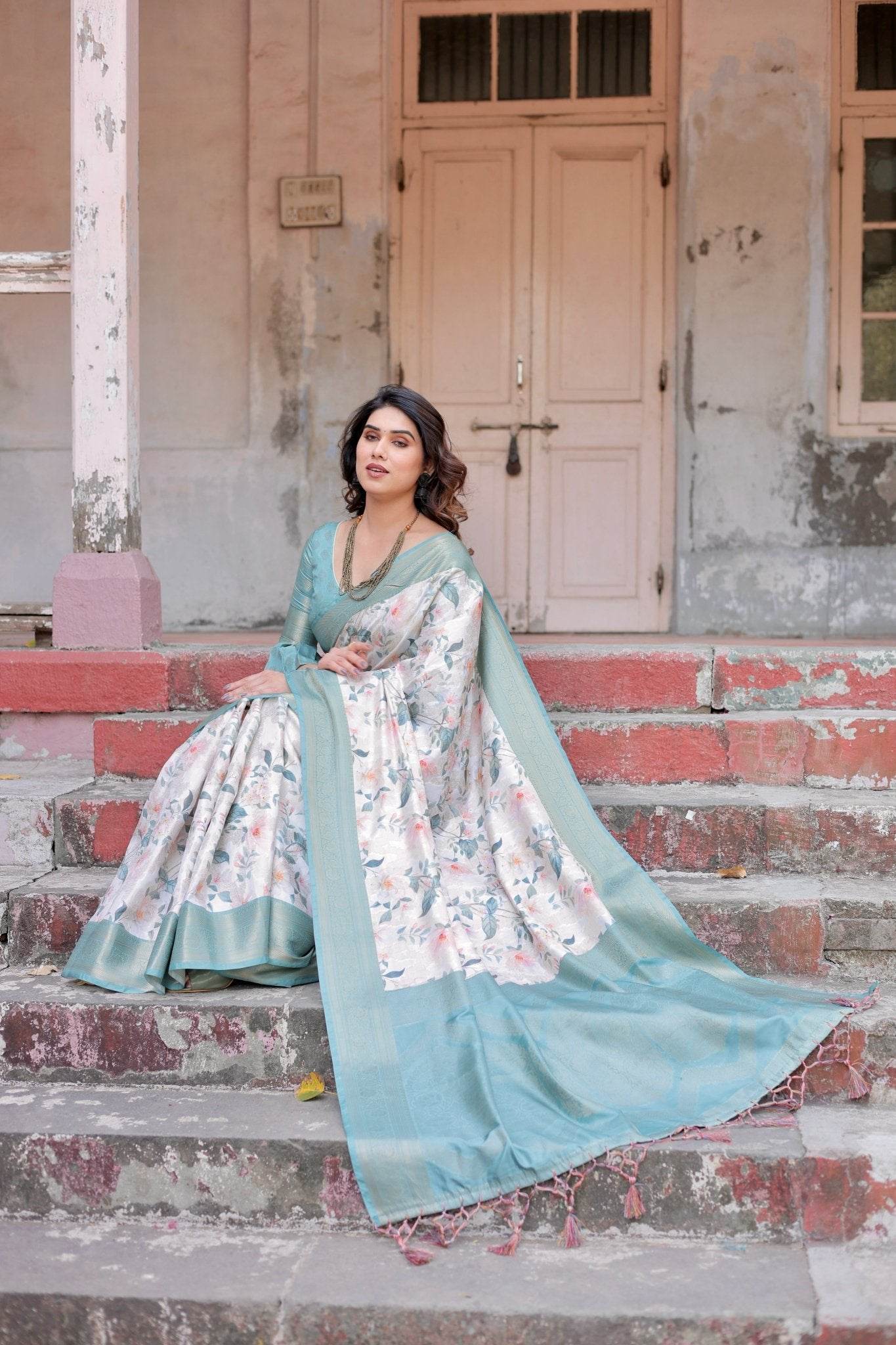 White and Aqua Floral Digital Print Banarasi Silk Saree with Zari Weave and Tassel-Adorned Pallu - SEEANS