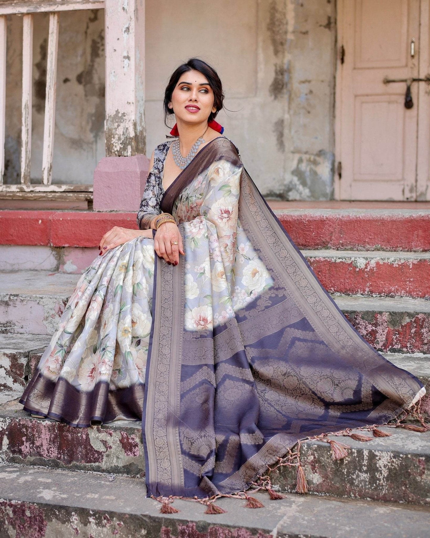 Elegant Gray Banarasi Silk Saree with Navy Blue Zari Weave, Floral Design, and Tassels - SEEANS
