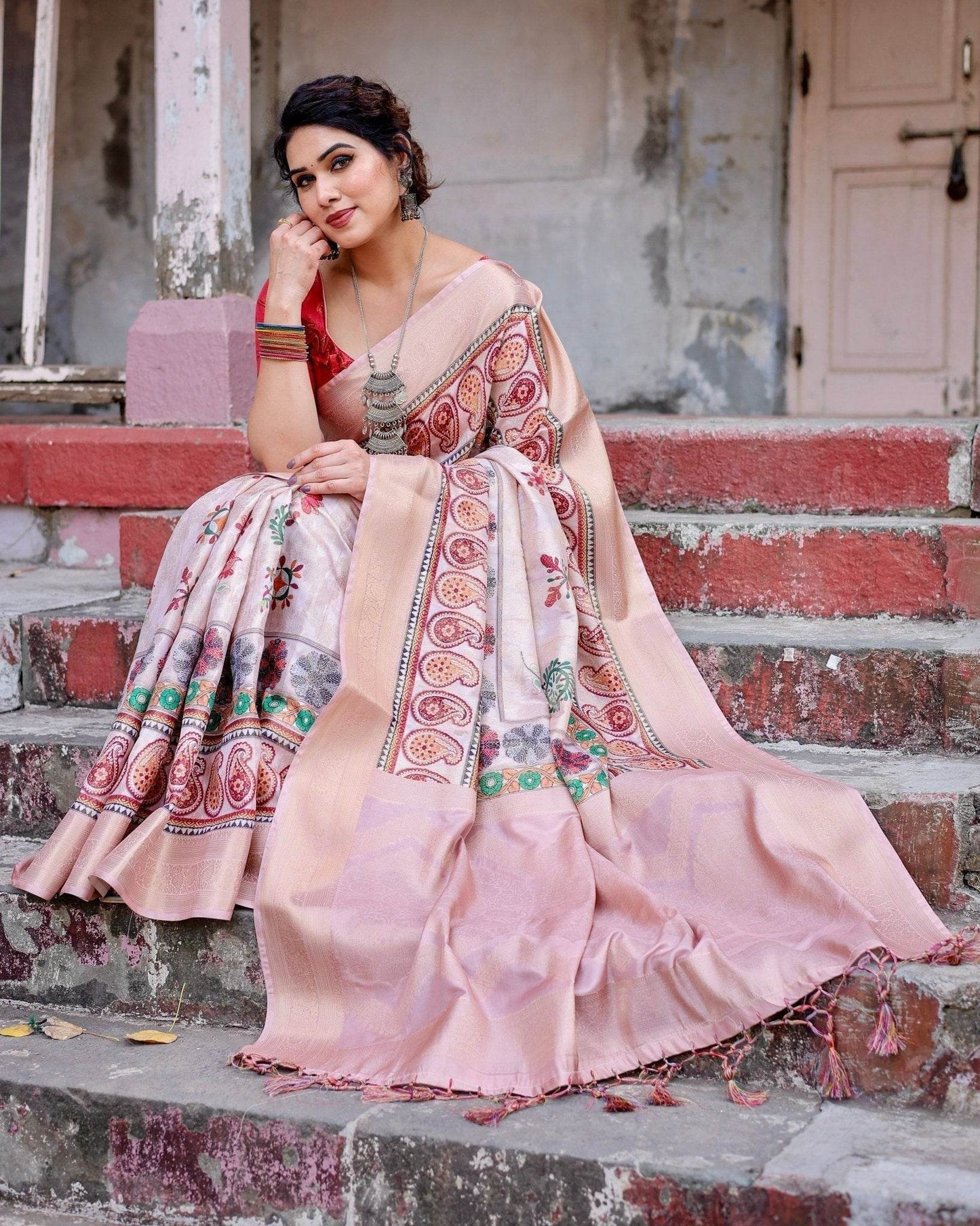 Peach Banarasi Silk Saree with Intricate Paisley and Floral Design - SEEANS