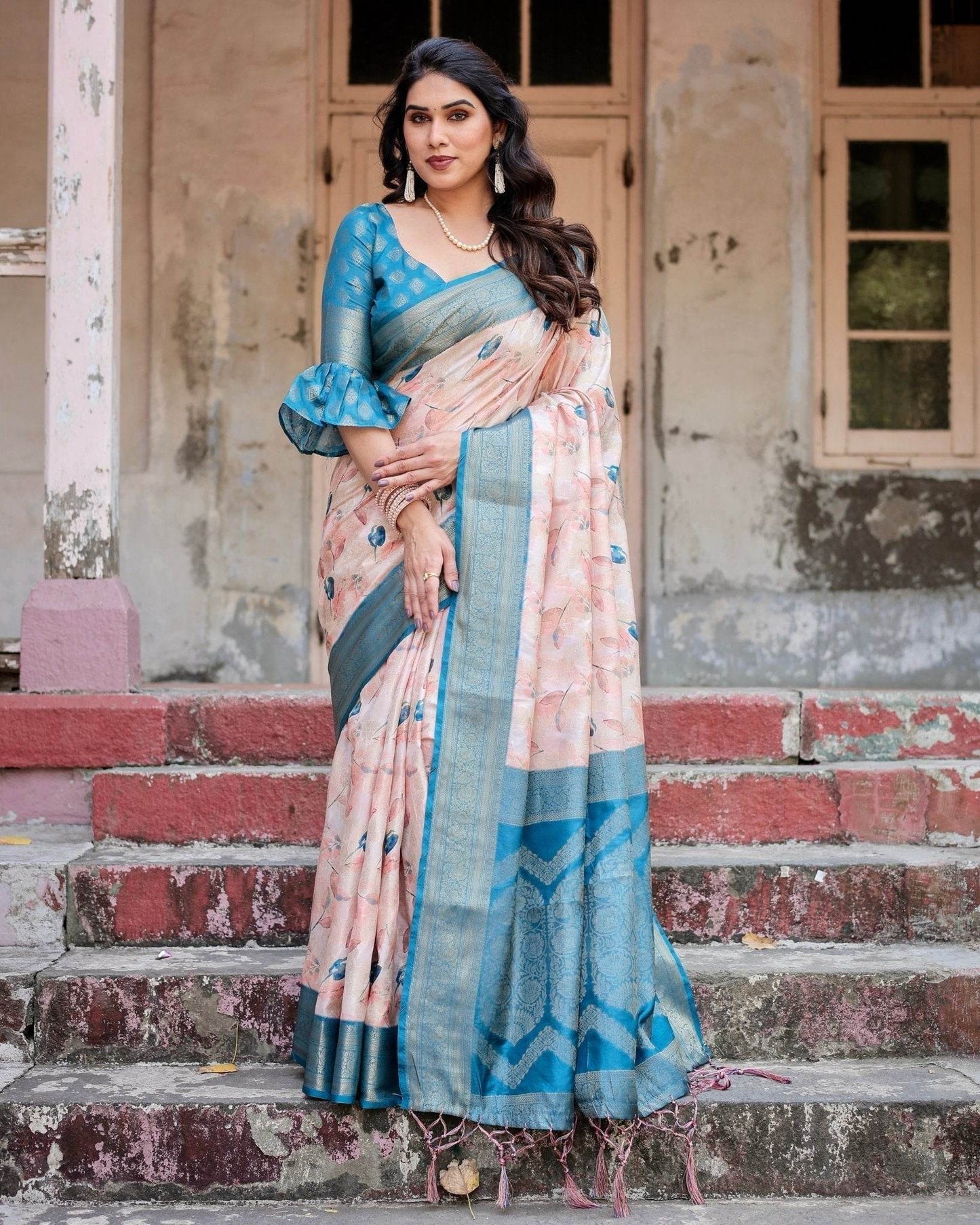 Peach and Teal Floral Digital Print Banarasi Silk Saree with Zari Weave and Tassel-Adorned Pallu - SEEANS