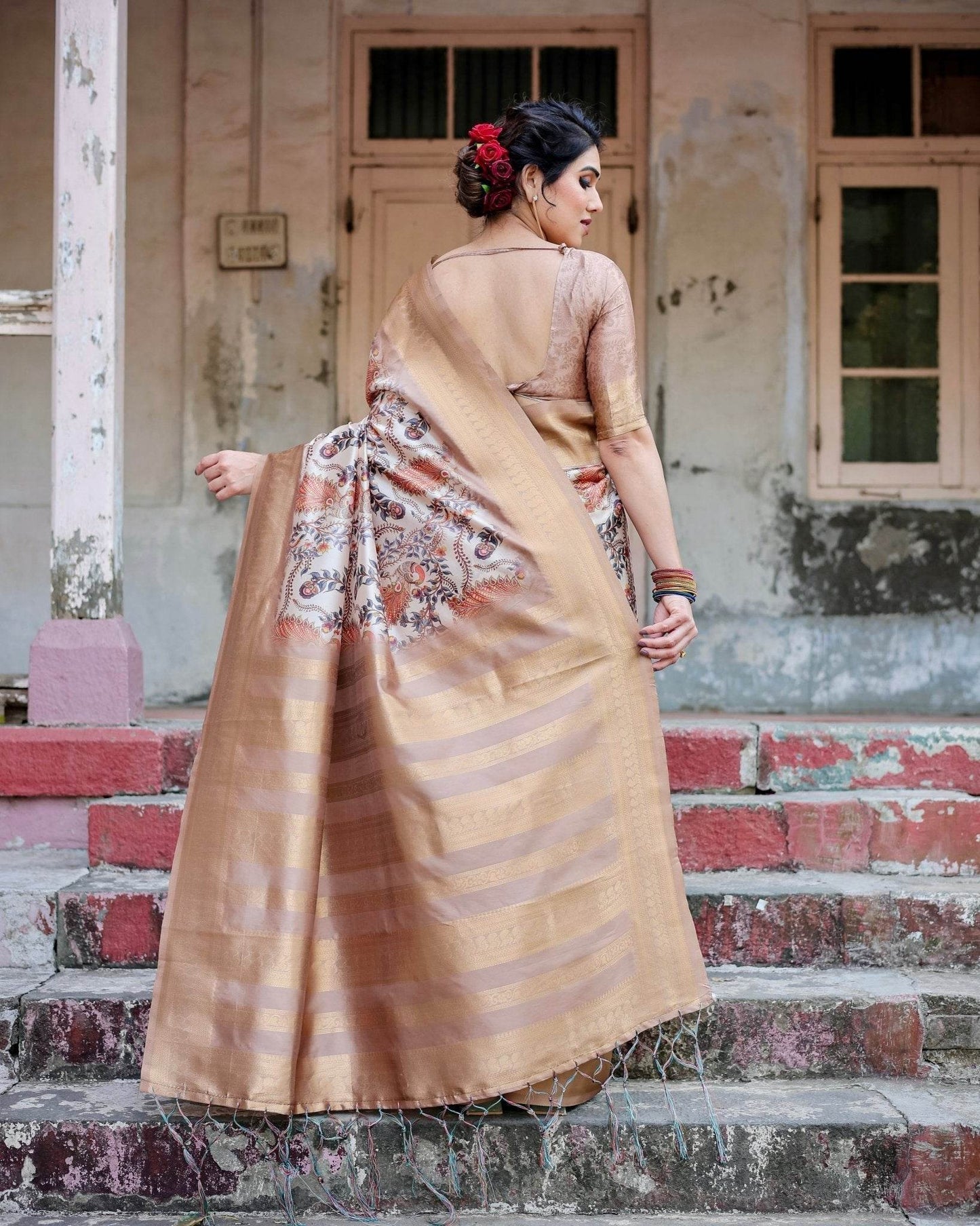 Elegant Beige Floral Banarasi Silk Saree with Zari Weave and Tassels - SEEANS