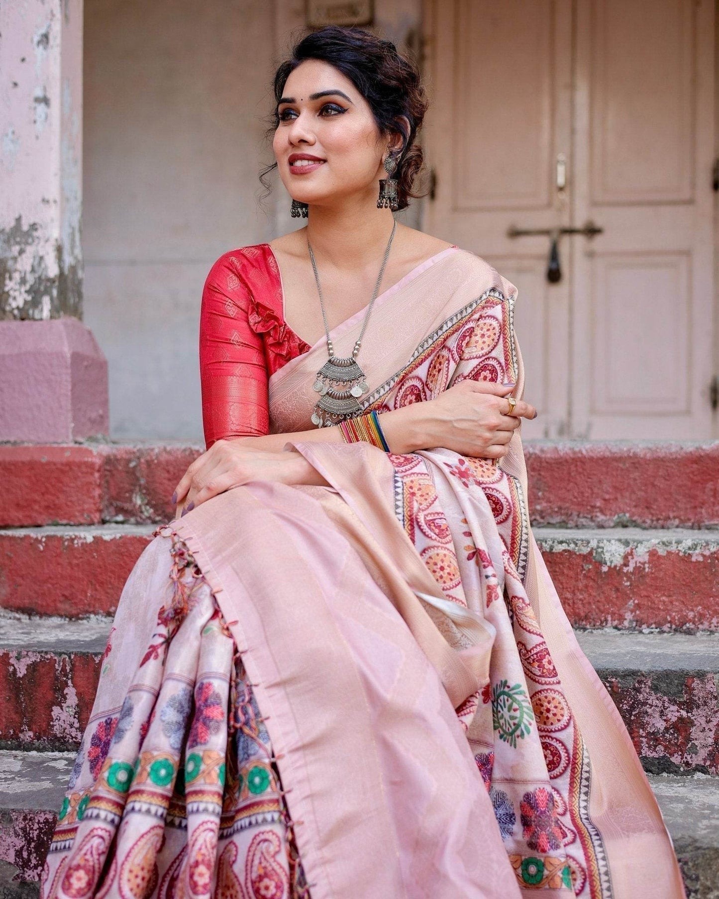 Peach Banarasi Silk Saree with Intricate Paisley and Floral Design - SEEANS