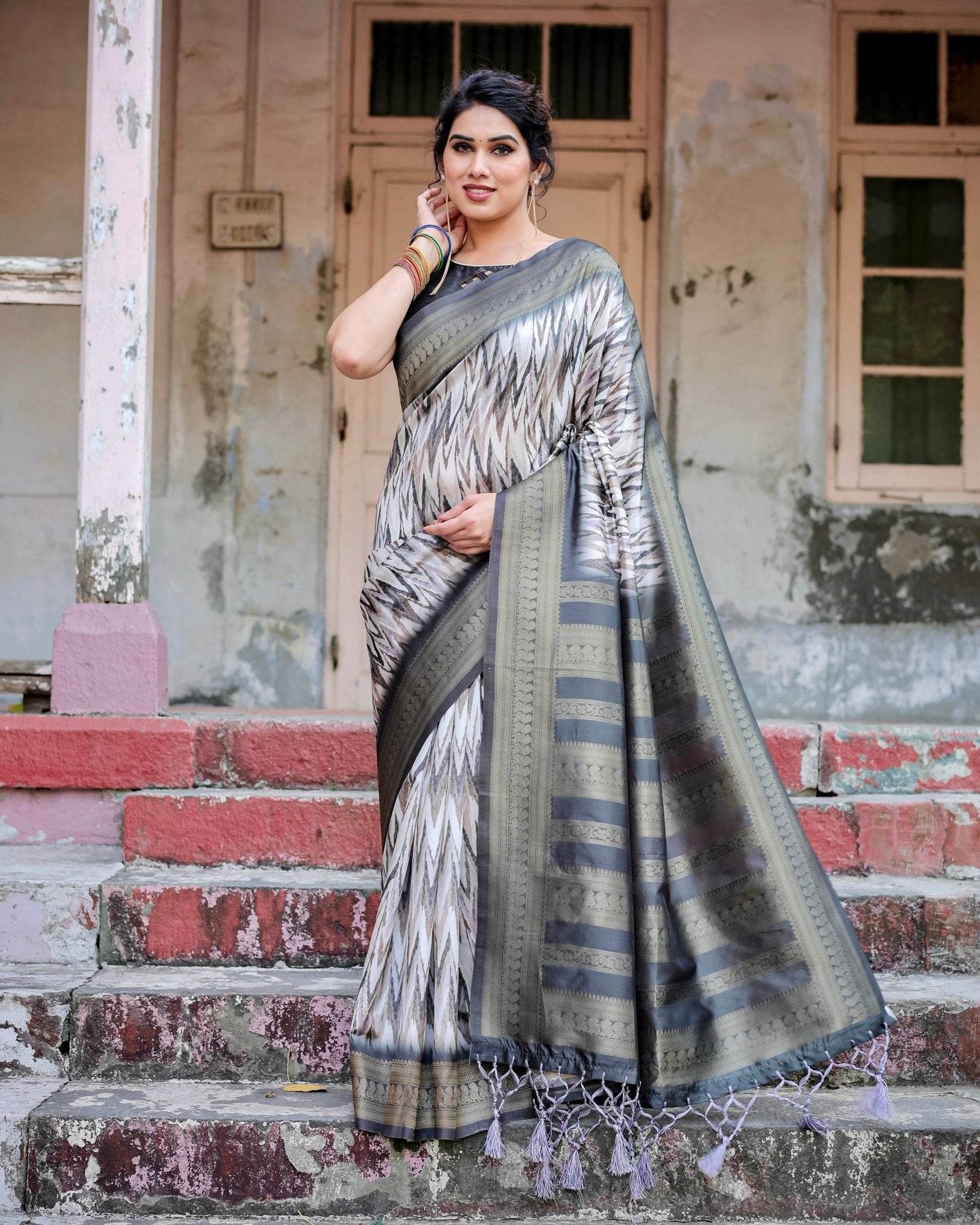 Elegant Banarasi Silk Saree with Zari Weaving and Tassels in Shades of Grey and Black - SEEANS