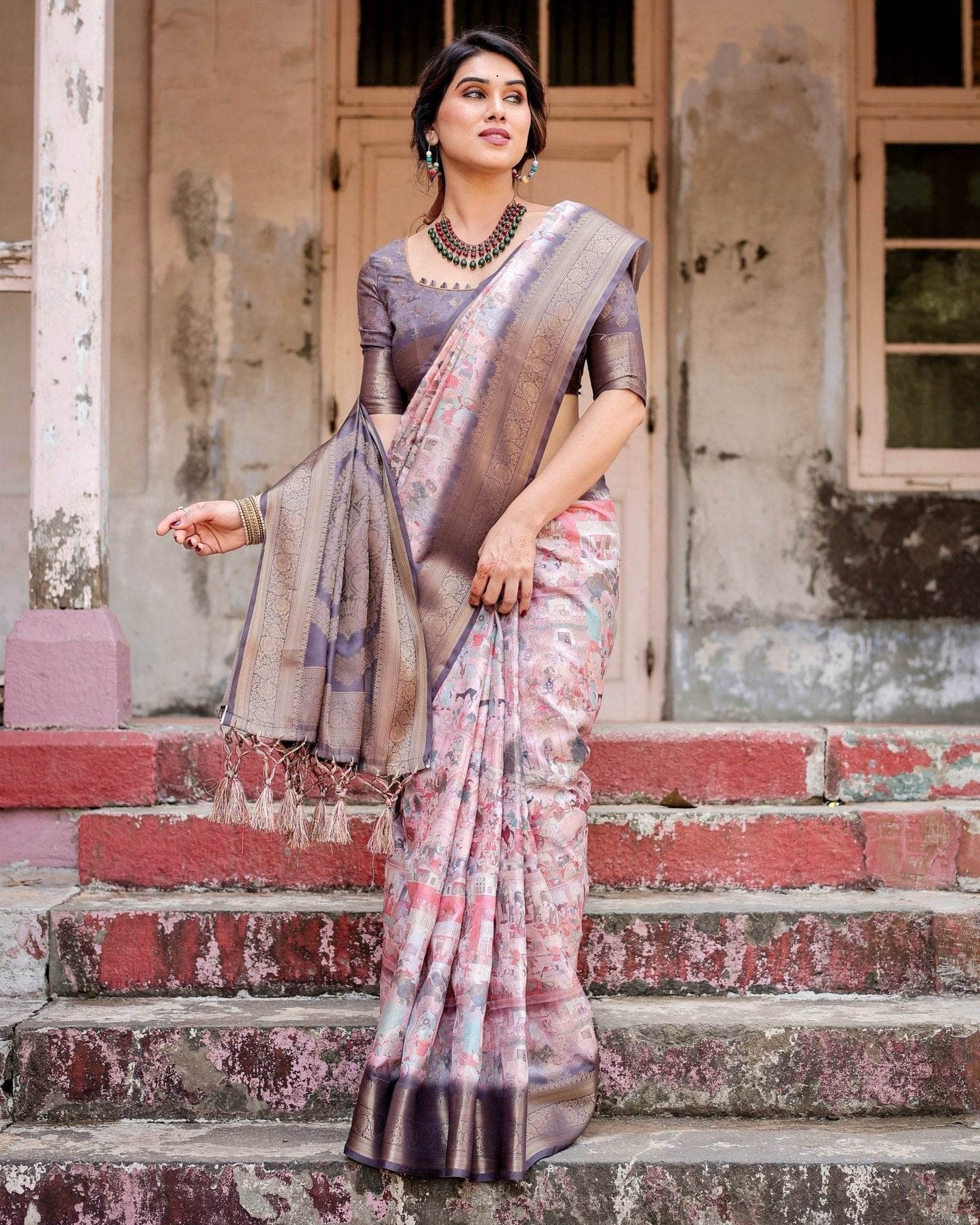 Graceful Lavender Banarasi Silk Saree with Regal Zari Weave and Tassel Detailing - SEEANS
