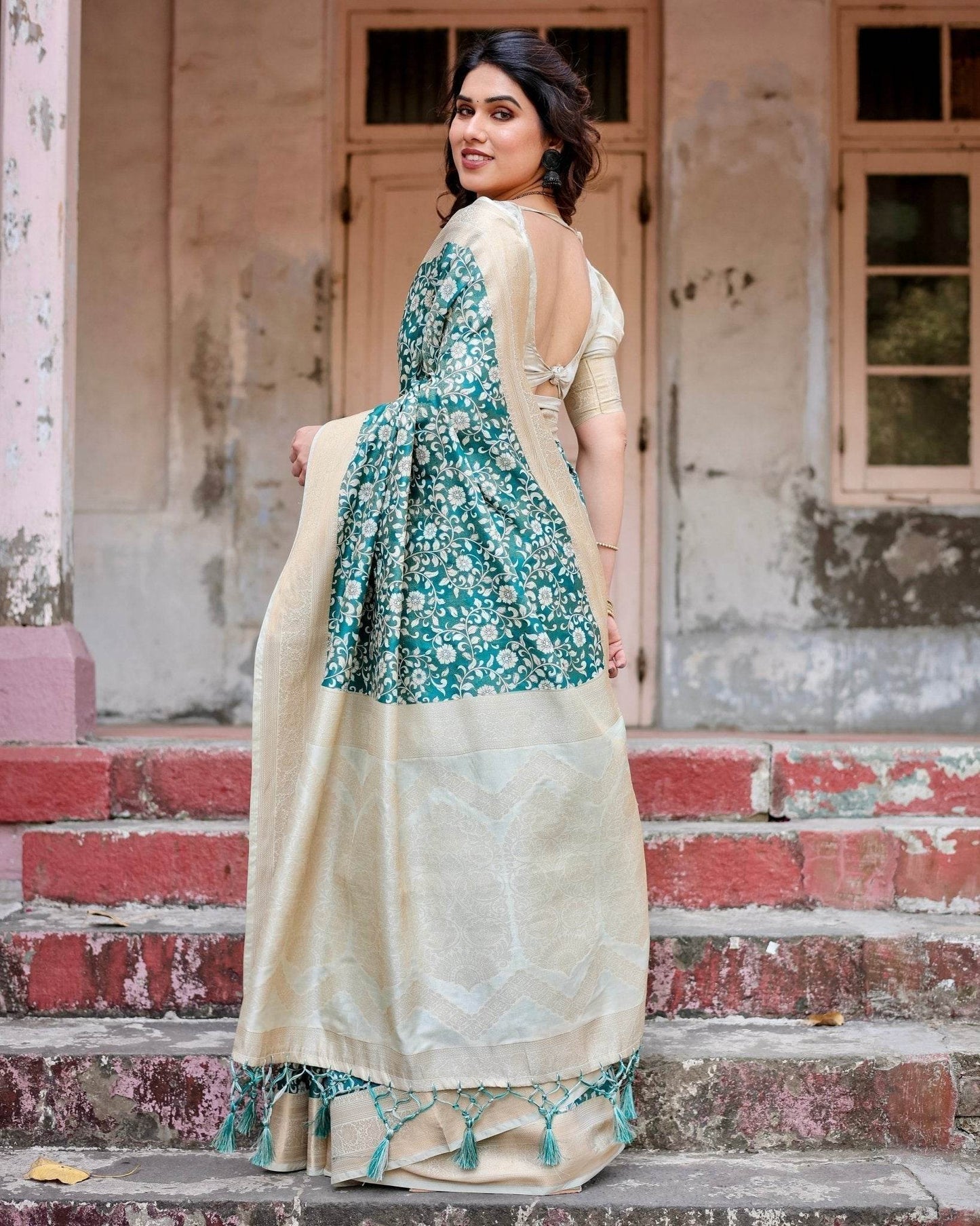 Teal and Cream Floral Banarasi Silk Saree with Zari Weave and Tassel-Accented Pallu - SEEANS