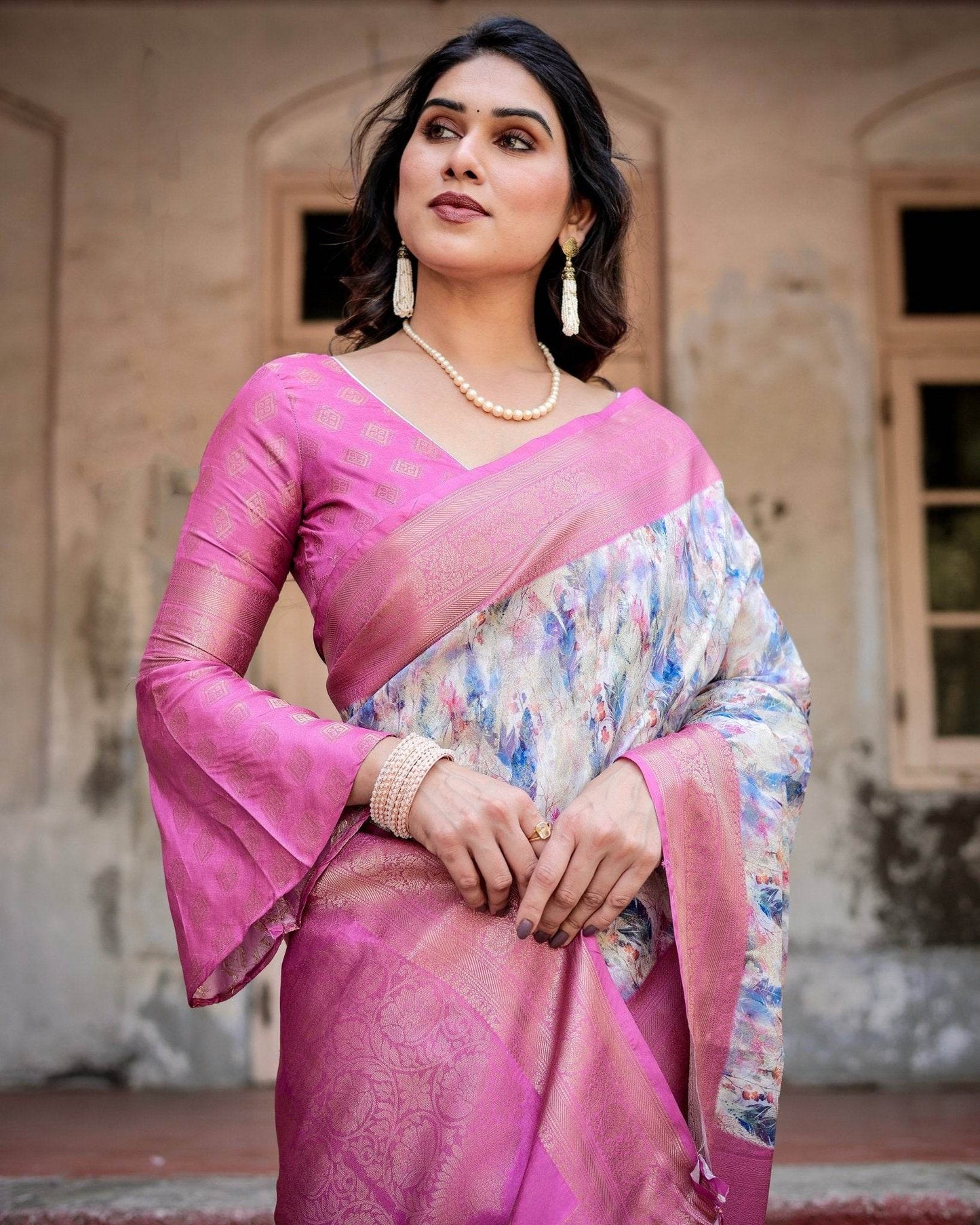 White and Pink Floral Digital Print Banarasi Silk Saree with Zari Weave and Tassel-Embellished Pallu - SEEANS