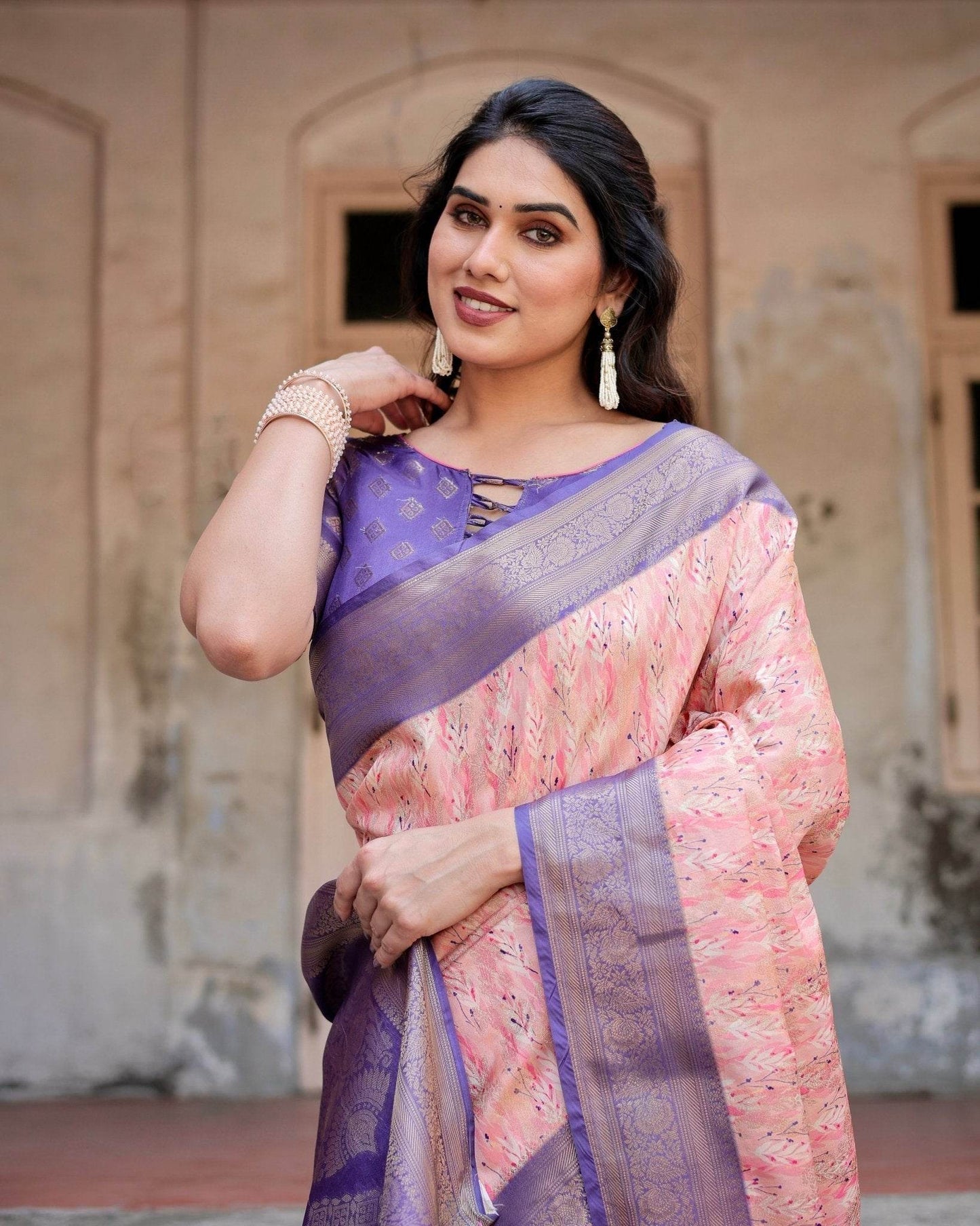 Peach and Purple Floral Digital Print Banarasi Silk Saree with Zari Weave and Tassel-Adorned Pallu - SEEANS