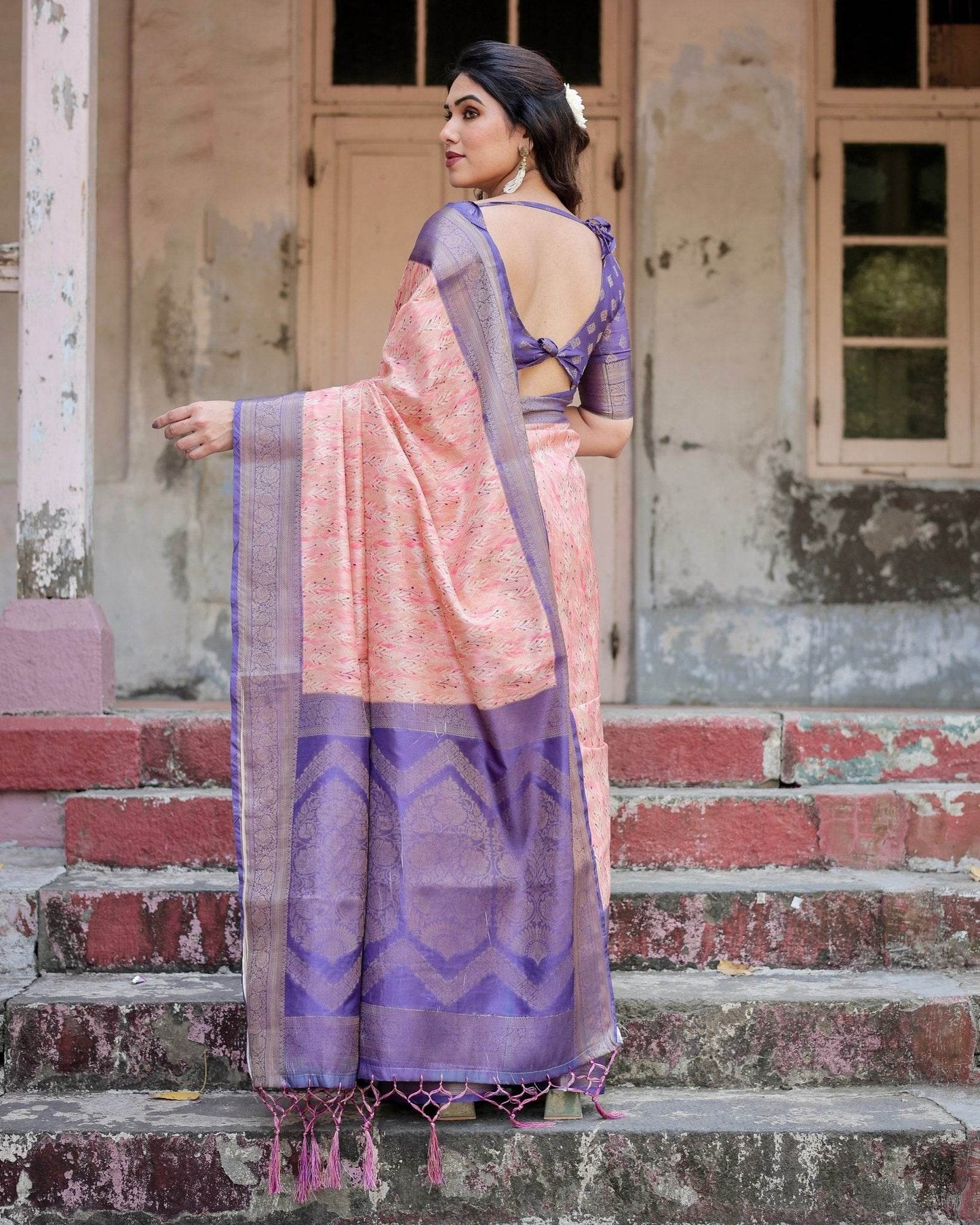 Peach and Purple Floral Digital Print Banarasi Silk Saree with Zari Weave and Tassel-Adorned Pallu - SEEANS