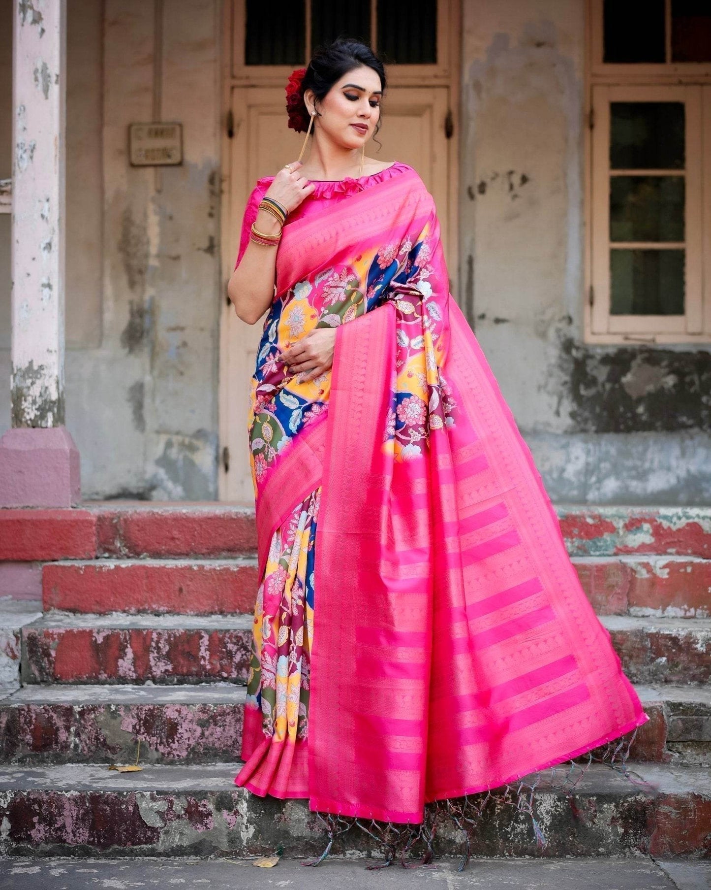 Hot Pink Multicolor Floral Digital Printed Banarasi Silk Saree with Zari Woven Border and Solid Pink Pallu - Includes Tassels - SEEANS