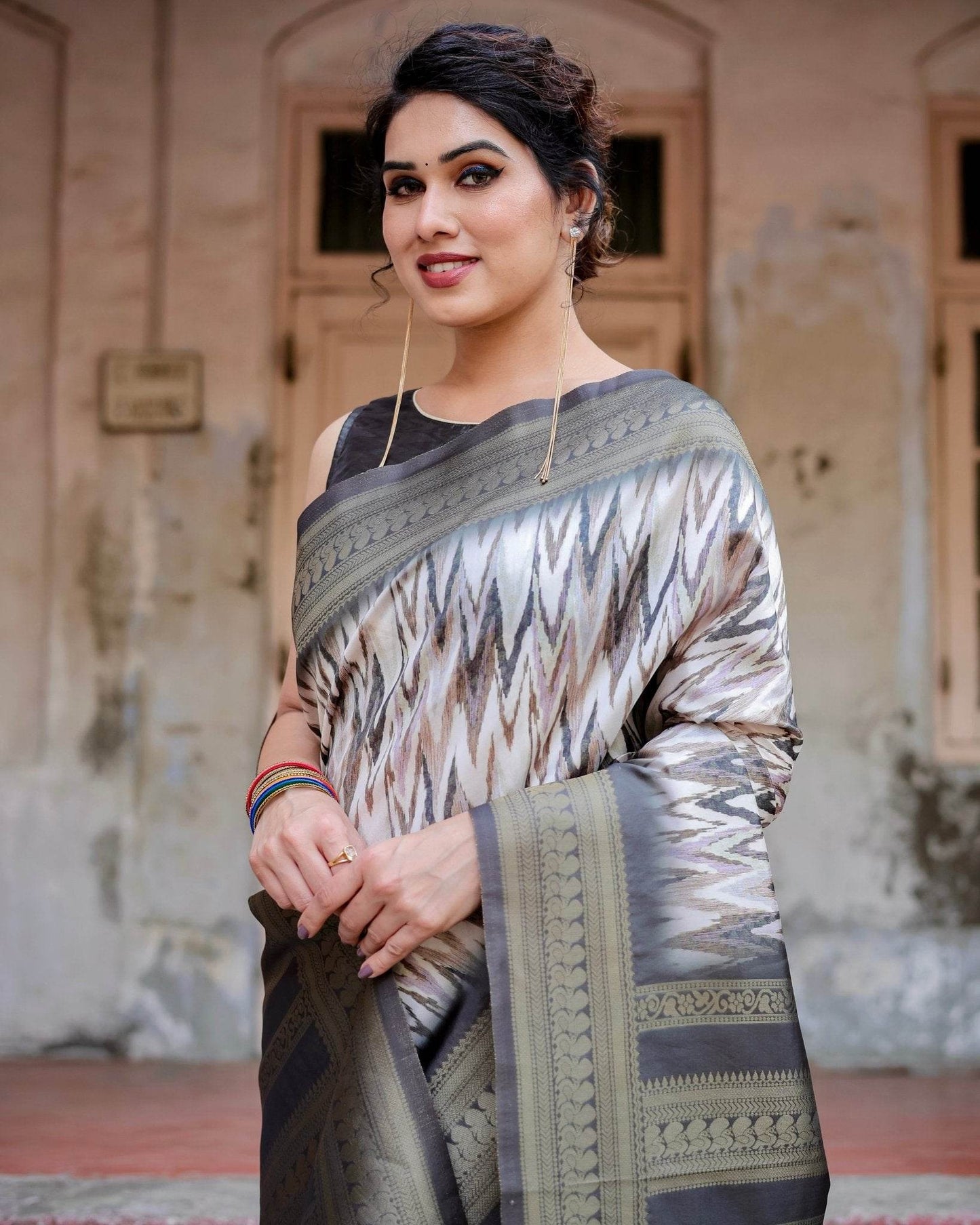Elegant Banarasi Silk Saree with Zari Weaving and Tassels in Shades of Grey and Black - SEEANS