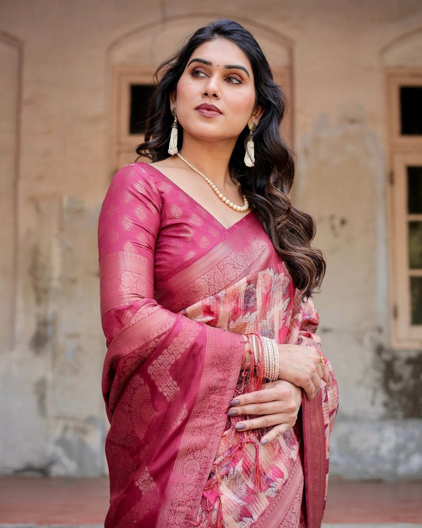 Pink and Maroon Abstract Digital Print Banarasi Silk Saree with Zari Weave and Tassel-Embellished Pallu - SEEANS