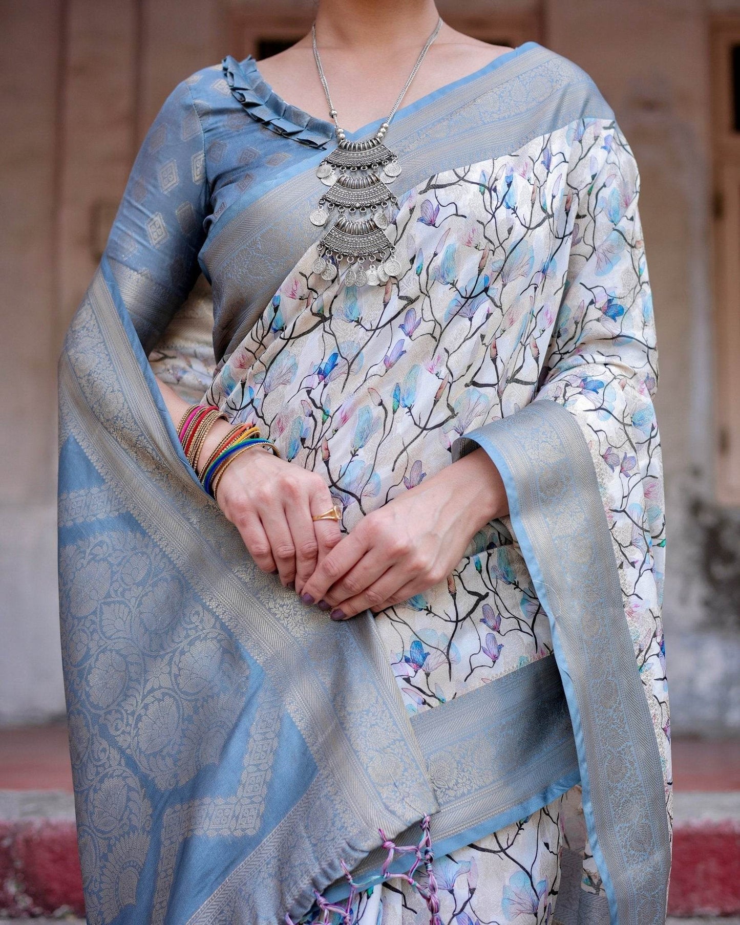 Elegant Light Blue Banarasi Silk Saree with Floral Design and Zari Weaved Pallu - SEEANS