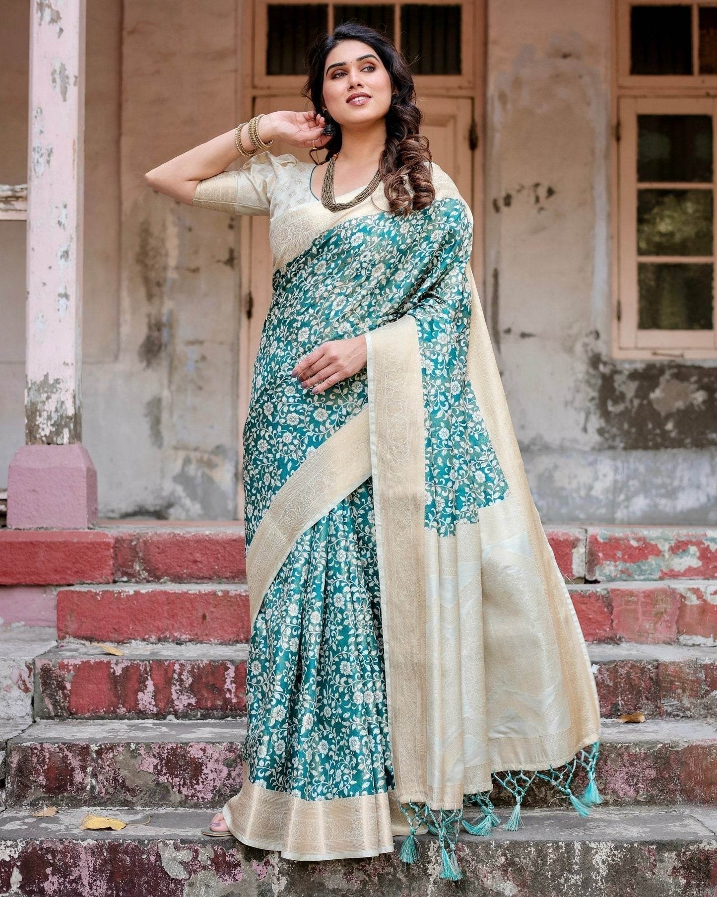 Teal and Cream Floral Banarasi Silk Saree with Zari Weave and Tassel-Accented Pallu - SEEANS